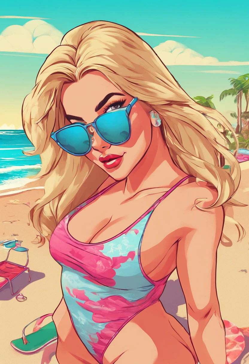Masterpiece, Best Quality, Blonde girl, hairlong, suntanned skin, lush lips, looking a viewer, red leotard, leggins, walking on the beach , in beach slippers, Simple background with logo, From Bottom, Sunglasses,