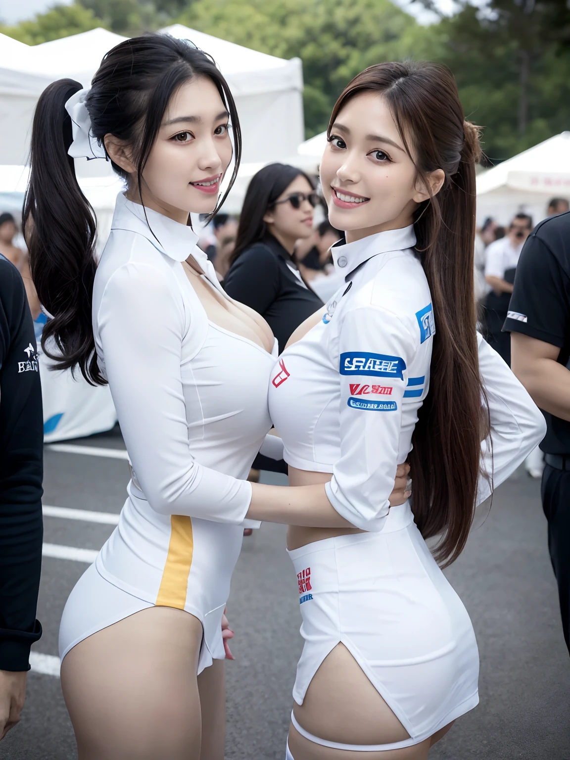 (4 k、top-quality)、(realisitic、Photorealsitic)、(Yakian)、
1girl in、独奏、fullllbody、(facing the front there:1.2)、
perfect hand、perfect foot、up looking_で_the viewer、
whiteshirt、
Suzuka Circuit、finerly detailed face、wearing round glasses、Slightly chubby、The best smile、White double teeth are visible、White ribbon、Light Brown Long Ponytail,(super gigantic breast, cleavage:1.2),(Race Queen:1.3), (Cameltoe),35 year old、Nogizaka Idol、actress、Korean Idol、hposing Gravure Idol,place one's arms behind one's back,raise both arm,(Aside)、