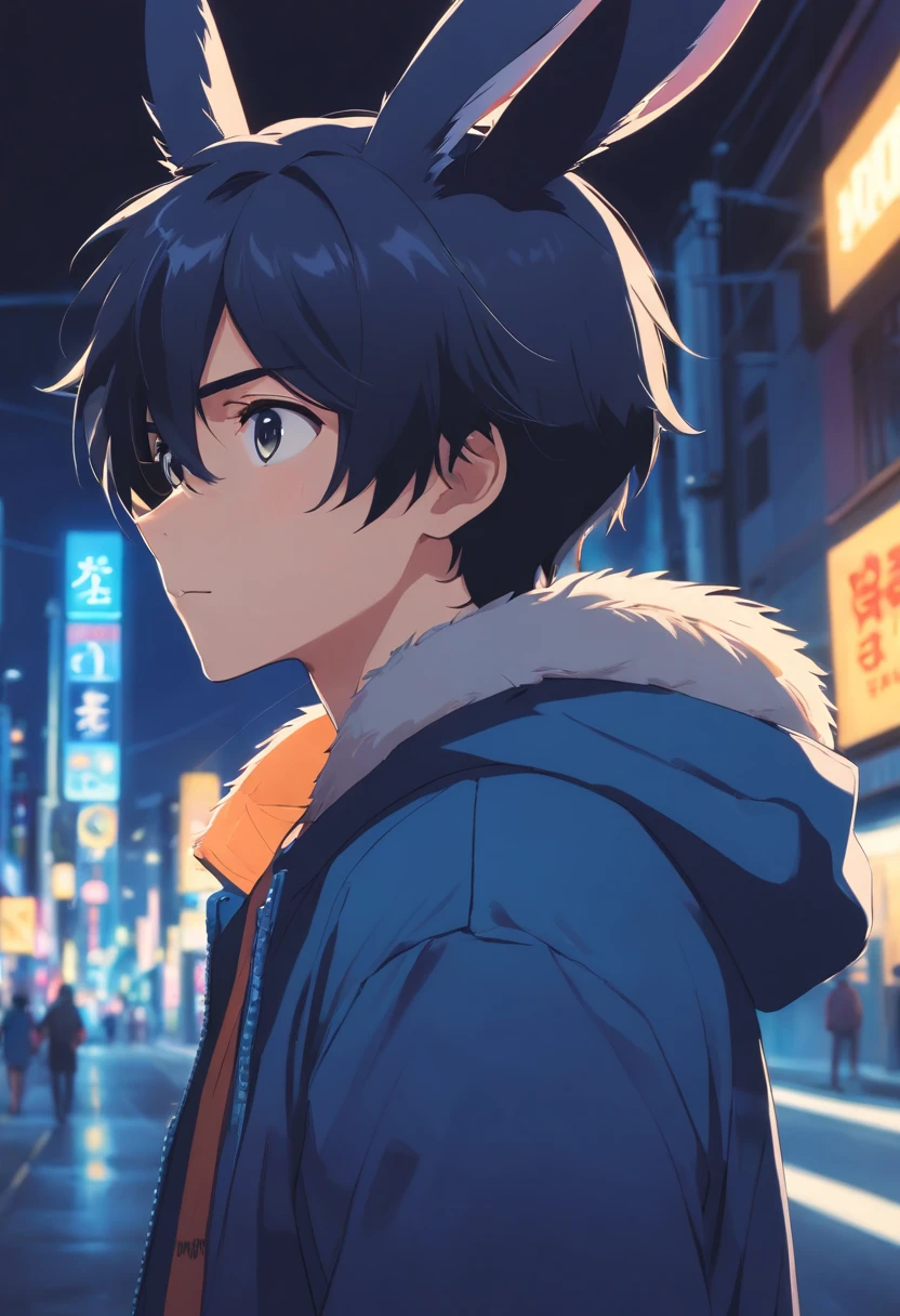 masterpiece, hd, 8k, best quality, 1 teenage boy, black hair, front hair covering his eyes, rabbit man, black furry rabbit ears, wearing a dark blue jacket, at night