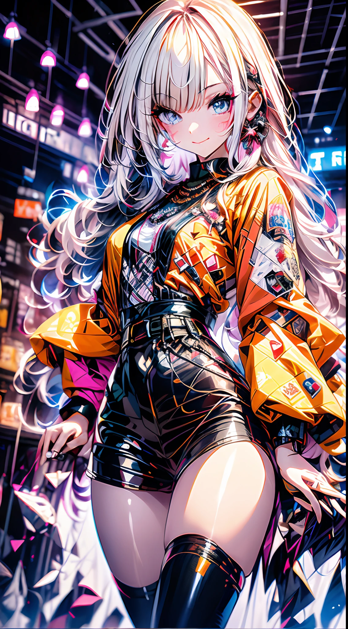 nowi, (Gradient Hair, Dutch Angle:1.3), film grains, chromatic abberation, 城市, masutepiece, Best Quality, Barbarian in the photo, Photorealsitic, Absurde, 1girl in, Mignon, Perspective, Cowboy shooting, hight resolution, ultra-detailliert, Eyes and faces with detailed, Pointed pupils, Realistic pupils, foco nítido, 夏天, Nuit,