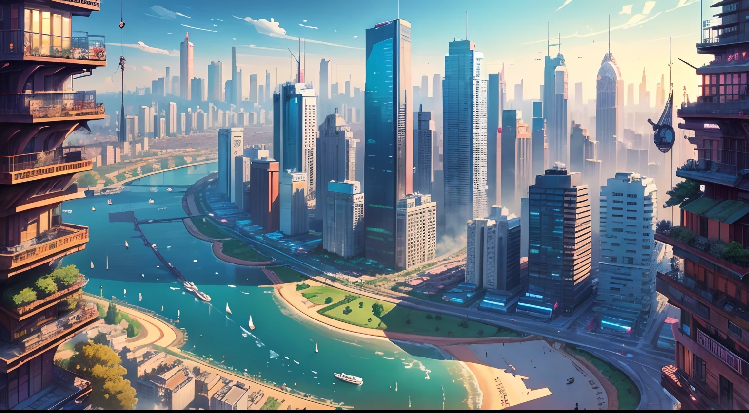 (best quality:1.0), a vibrant cityscape of a big city with varied environments, tall buildings, residential areas, parks, river, comics style, bright,