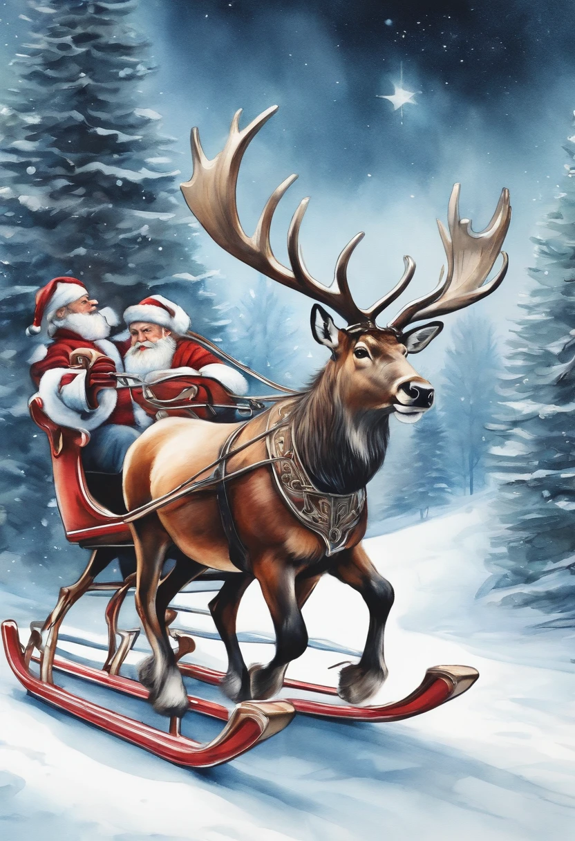 Christmas reindeers pulling a futuristic sleigh, watercolour illustration, high details, outlined in black, on white background, 8k