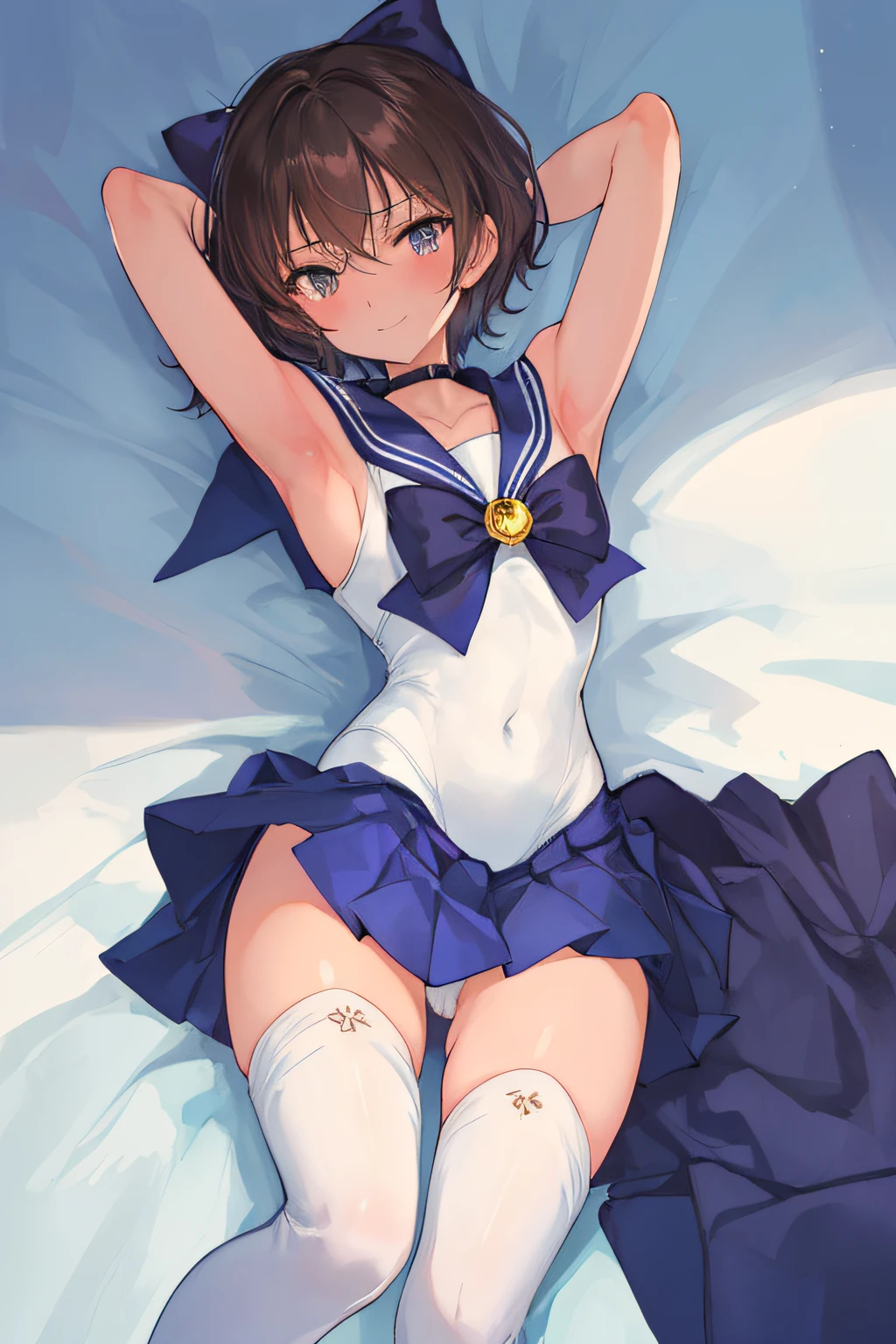 masterpiece, top-quality, hight resolution, 8K, Hi-Res, ultra-detailliert, 1girl in, (Anatomically correct), Full limbs, complete fingers, Slender 18 year old beautiful active girl, Brown-eyed, Slender eyes, A dark-haired, extra very short hair, (Black skin:1.2), (Sailor Moon: 1.3), (white leotard), (Blue sailor color), the bow, (Over-the-knee boots:1.1), a choker, (white glove), Blue choker, (elbowgloves), (a blue skirt), sole, (Lying in bed), A smile, High school students, Full body like, Bust 86, Waist 58, Hip 88, (full of sweat), (Put your hands behind your head, Show the armpits:1.28), (Tempered body, Toned body, Split abs:1.1), (Sexy Posing)