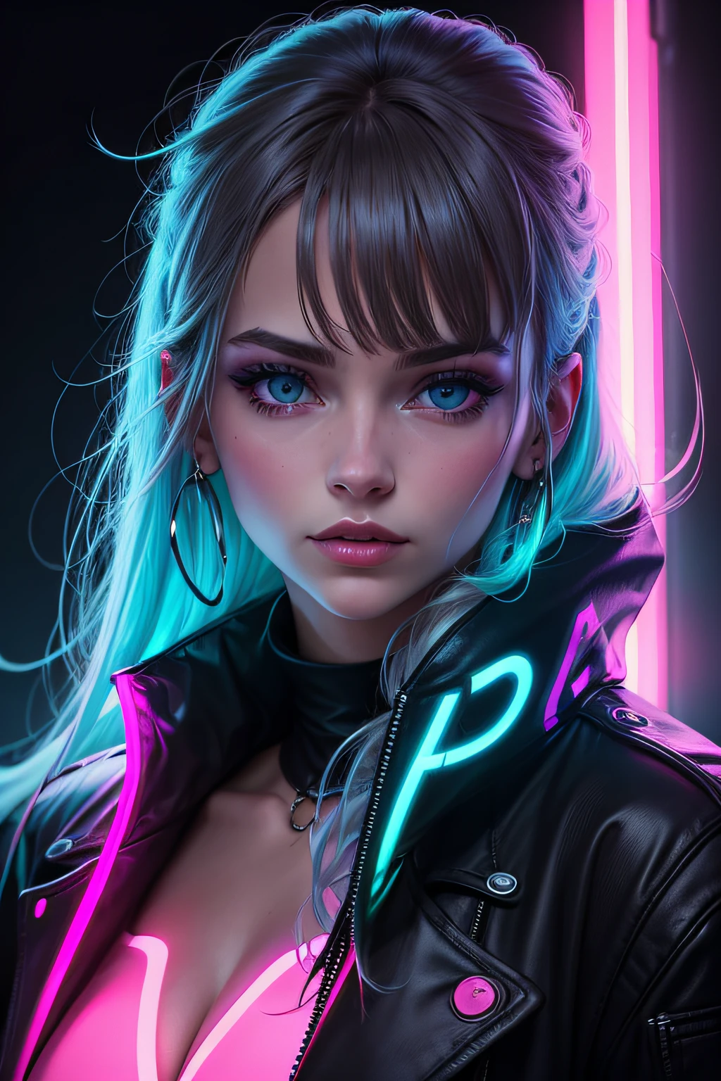 Fashion Portrait Color Photo, Woman, neon light