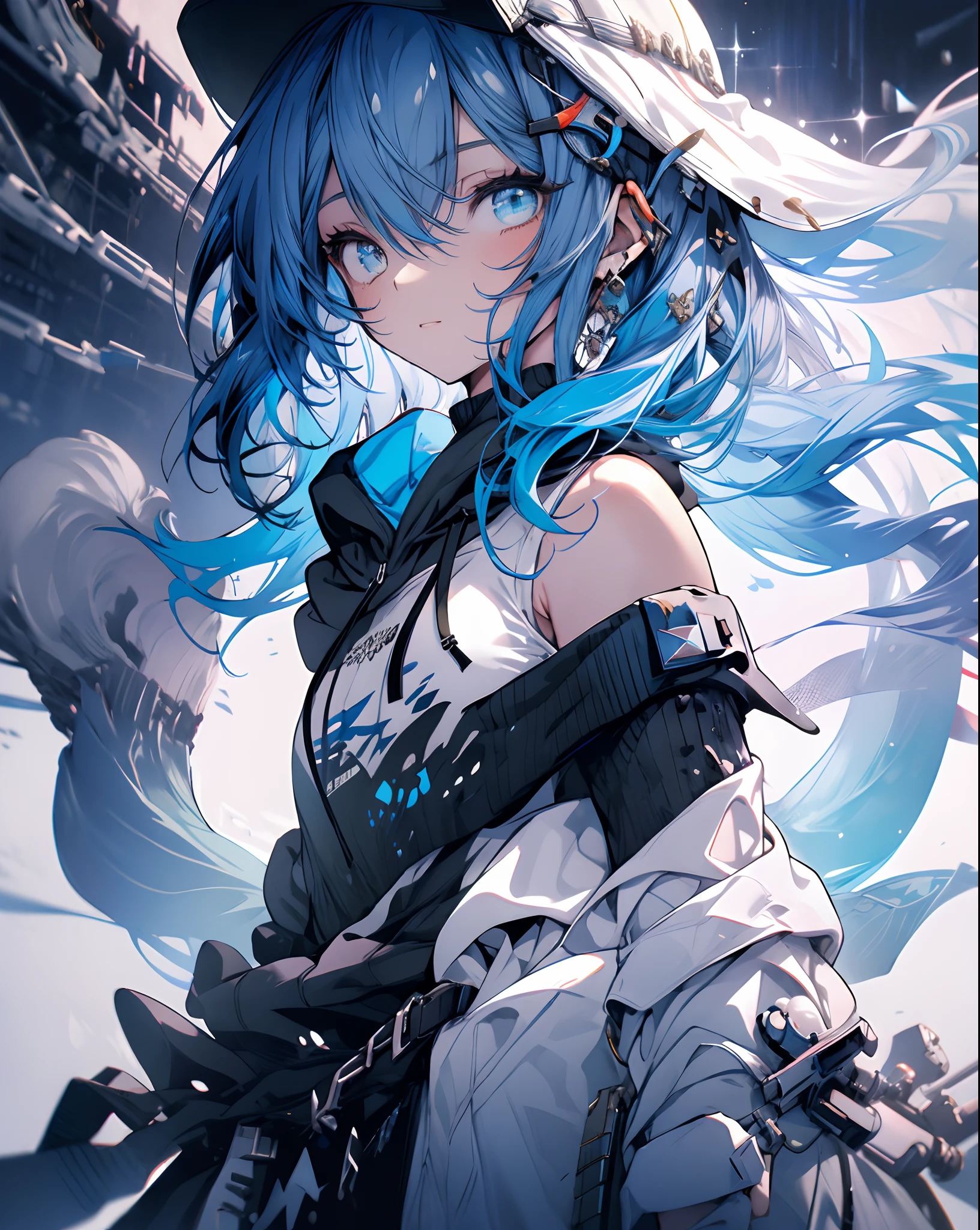 masterpiece,1girl,solo,long hair,blue hair,hoodie,off shoulder:1.2, mob cap, street,hand on hip, hand in pocket,