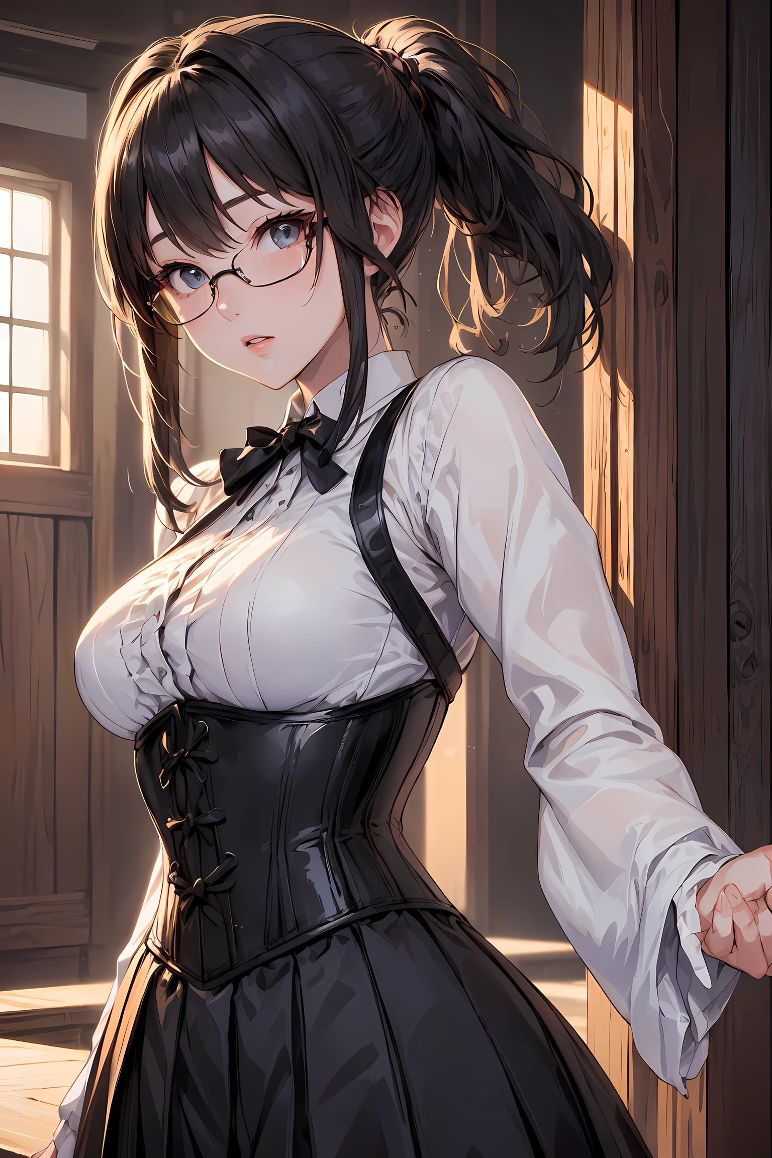 (1glasses girl:1.3, solo), (Audrey Hepburn:1.3), (a extremely pretty and beautiful Japanese woman), (sexy girl), (professional attire:1.3), (22 years old: 1.1), (from below:1.3), (low angle:1.3), (ground level shot:1.3), (??????? top:1.3), (arms behind back between legs:1.3), (attractive random posing:1.3), (in the queen's room:1.3), (look down:1.3), (starring at you:1.3), (front view:1.3), break, (ponytail:1.3), (shiny-black thin hair:1.2), bangs, dark brown eyes, beautiful eyes, princess eyes, (big eyes:1.3), bangs, wearing a glasses:1.3, Hair between eyes, short hair:1.3, (slender:1.1), (small-medium-breasts:0.95), (thin waist: 1.15), (detailed beautiful girl: 1.4), Parted lips, Red lips, full-make-up face, (shiny skin), ((Perfect Female Body)), (upper body image:1.3), Perfect ???????, Perfect Proportions, (most beautiful Korean actress face:1.3, extremely cute and beautiful Japanese actress face:1.3), BREAK, (View viewer, wearing a embroidery frills sexy teacher uniform, (insanely detailed classical gothic teacher outfit:1.3), (white collared blouse:1.3, long-sleeve:1.3), (corset:1.3), (black high-waist-jumper-skirt:1.3), (lace frill skirt), detailed clothes, BREAK, (detailed classy queen's room background:1.2), (dark background), (Studio soft lighting: 1.3), (fake lights: 1.3), (backlight: 1.3), BREAK, (Realistic, Photorealistic: 1.37), (Masterpiece, Best Quality: 1.2), (Ultra High Resolution: 1.2), (RAW Photo: 1.2), (Sharp Focus: 1.3), (Face Focus: 1.2), (Ultra Detailed CG Unified 8k Wallpaper: 1.2), (Beautiful Skin: 1.2), (pale Skin: 1.3), (Hyper Sharp Focus: 1.5), (Ultra Sharp Focus: 1.5), (Beautiful pretty face: 1.3), (super detailed background, detail background: 1.3), Ultra Realistic Photo, Hyper Sharp Image, Hyper Detail Image,