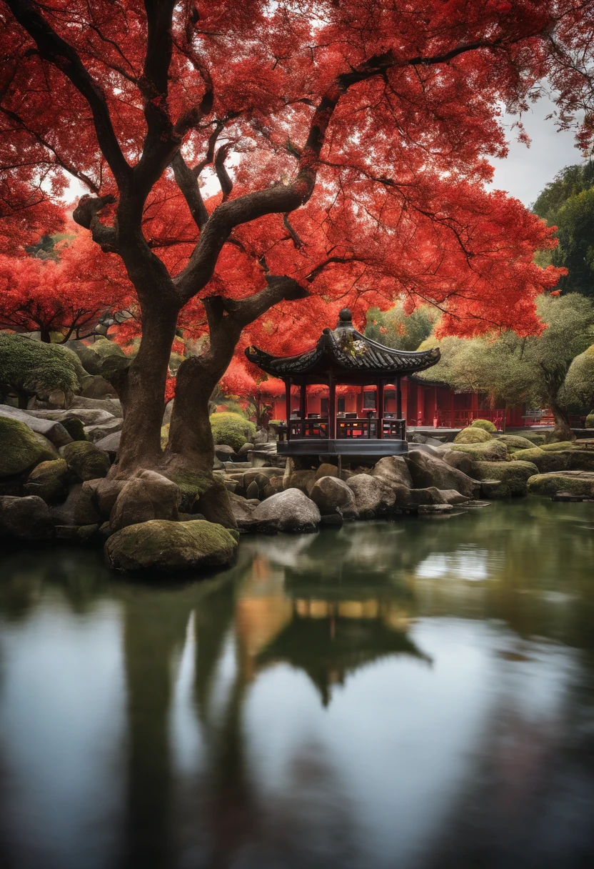 Obra-prima, melhor qualidade, alta qualidade, extremamente detalhado CG unidade de papel de parede 8k, Classic Chinese Garden, paisagem, amsterdam, inverno, ((nevando)), ao ar livre, heaven, dia, paisagem, water, tree, blue skies, cachoeira , natureza, lago, rio, clouded skies, fotografia premiada, bokeh, profundidade de campo, HDR, flor, chromatic aberration, fotorrealismo, muito detalhado, trending in the artstation, trend in CGSociety, intrincado, alto detalhe, dramatic, Arte no meio da jornada, 3840x2160, vermelho e branco