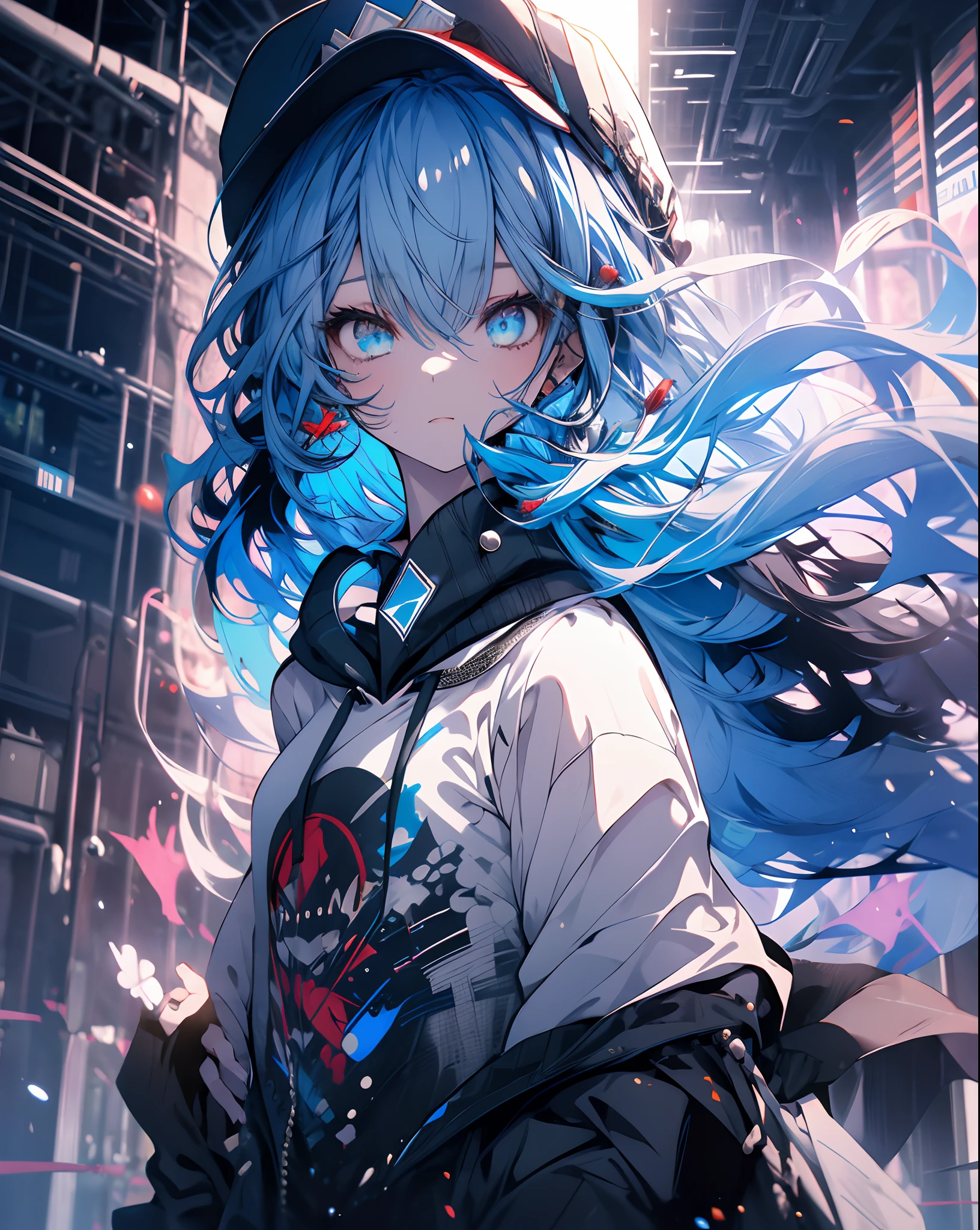 masterpiece,1girl,solo,long hair,blue hair,hoodie,off shoulder:1.2, mob cap, street,hand on hip, hand in pocket,