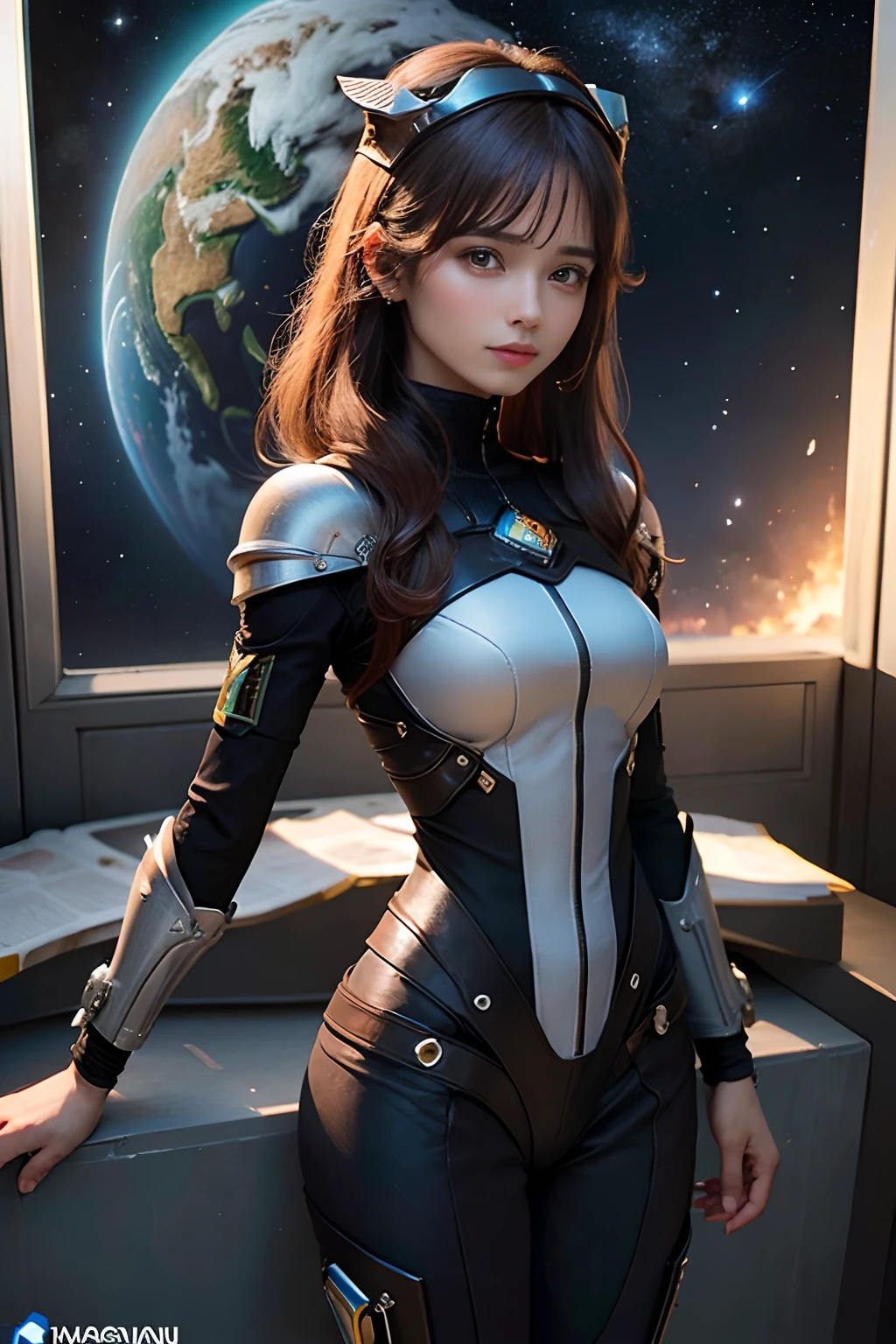One Beautiful Woman。Dark brown hair。Beautiful double eyes。Passed nasal muscle。well-shaped lips。Black、Wearing metallic combat uniform。There is something on the waist that is reminiscent of Kamen Rider's transformation belt.。The location is inside a spaceship。Serious look。Masterpiece。