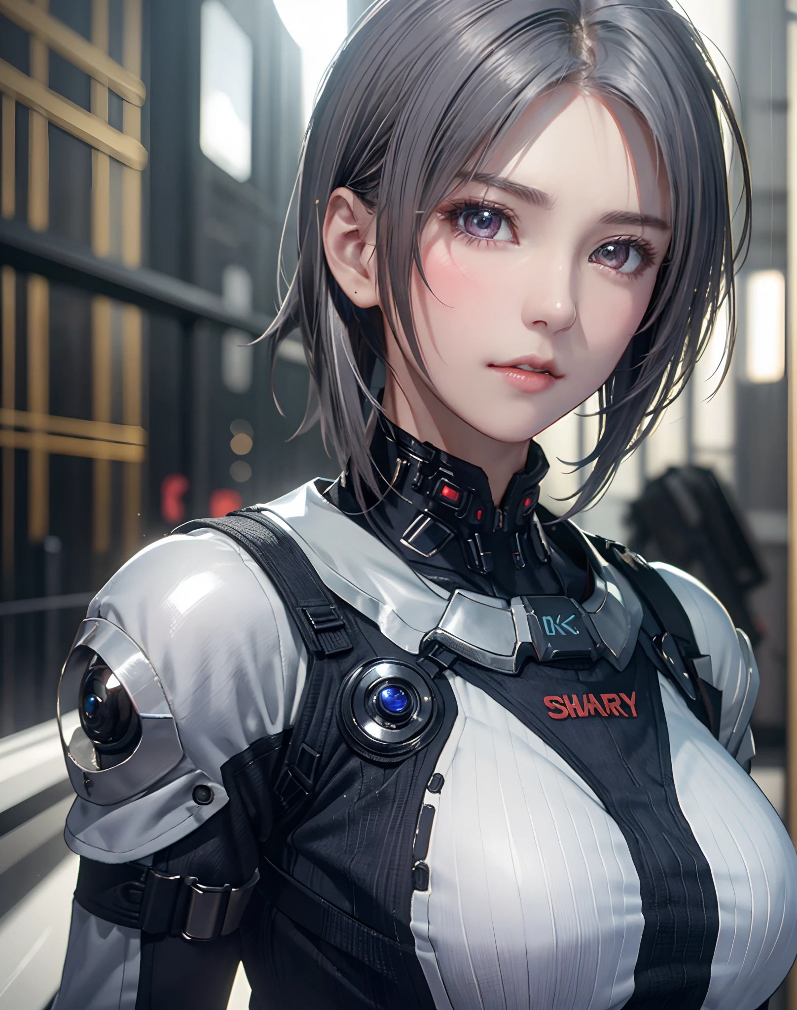 (8K, Photorealistic, Raw photo, of the highest quality: 1.3), (1girl in), Super beautiful, (Realistic face), (boyish, Silver Color Berry Shorthair), Beautiful cyberpunk suit, Glare that captivates the viewer, Beautiful expression, Beautiful breasts, (Realistic skin), Beautiful...