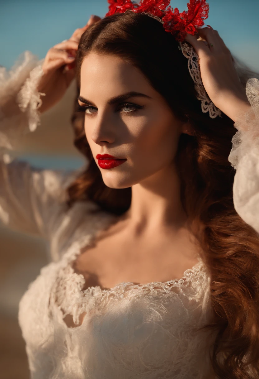 Altamente detallado, Erotic seductress Lana Del Rey with lace cat ears, llanto, (tetona, Pelo rojo), centrado en la cara, Cara enfocada, ojos intrincados,
