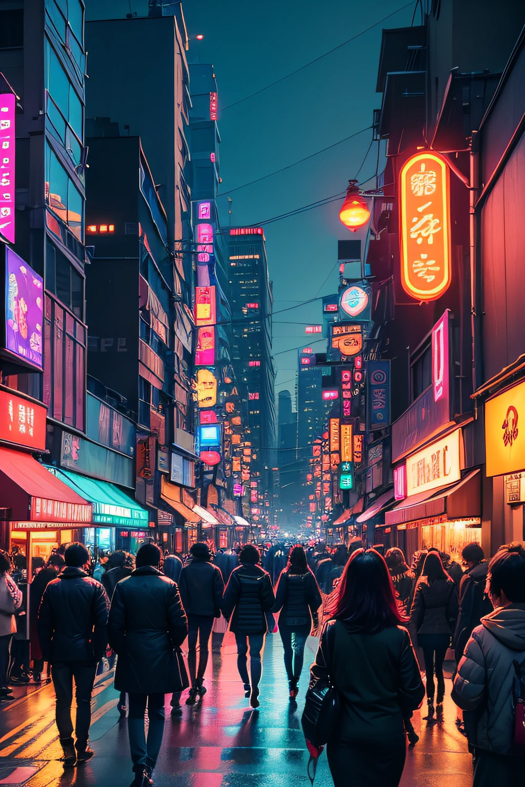 a busy street, neon lights, crowded sidewalks, towering buildings, vibrant colors, bustling atmosphere, futuristic cityscape, reflective surfaces, glowing signs, street vendors, zooming traffic, illuminated skyline, energetic nightlife, bustling nightlife, late-night activities, Tokyo night scene