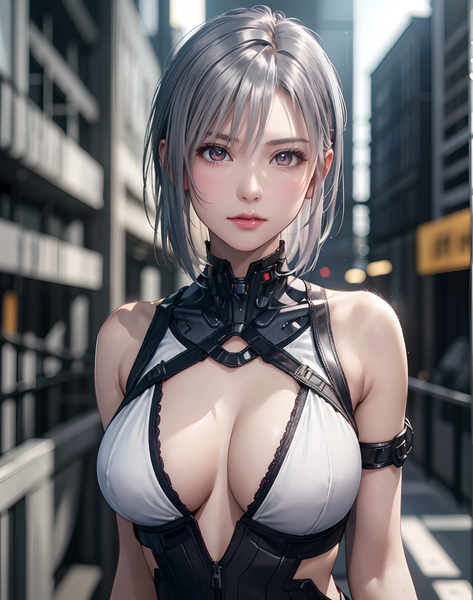 (8K, Photorealistic, Raw photo, of the highest quality: 1.3), (1girl in), Super beautiful, (Realistic face), (boyish, Silver Color Berry Shorthair), Beautiful cyberpunk suit, Glare that captivates the viewer, Beautiful expression, Beautiful breasts, (Realistic skin), Beautiful...