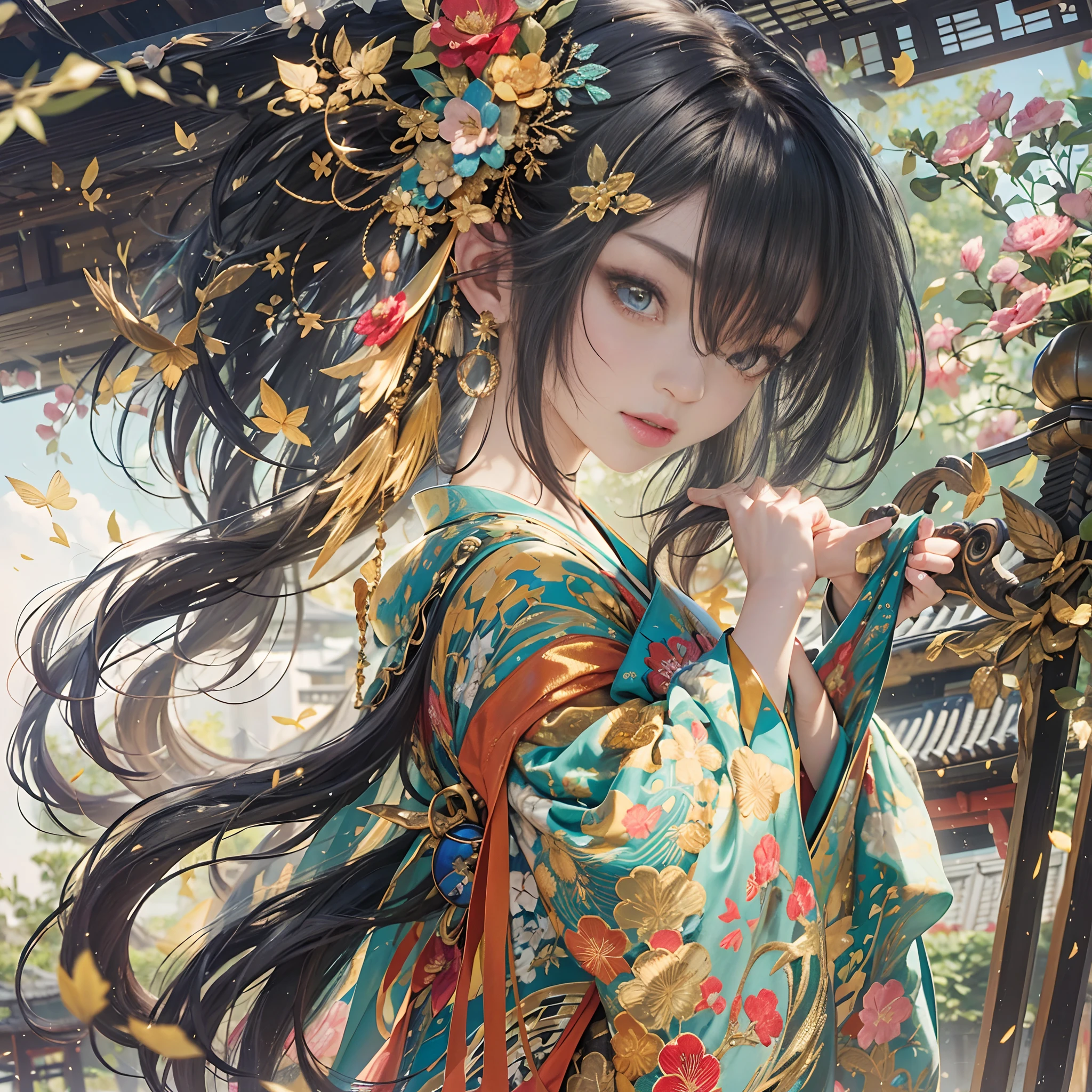 (perfect hand)、watching at viewers、Ancient capital and moon in the background、Dense background、poneyTail、Woman with shiny black hair、break {{{Luxury kimono(Colorful kimono(Detailed golden embroidery,))}}}、face perfect,Depict a beautiful and graceful woman of Japan。Heart in the eye。full body Esbian。 Wallpaper 8K, .Blur the background with a sickle,((masutepiece)), ((Best Quality))
