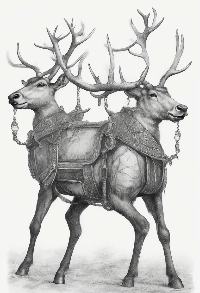 Christmas reindeers pulling a futuristic sleigh, chibi illustration, high details, outlined in black, on white background, 8k