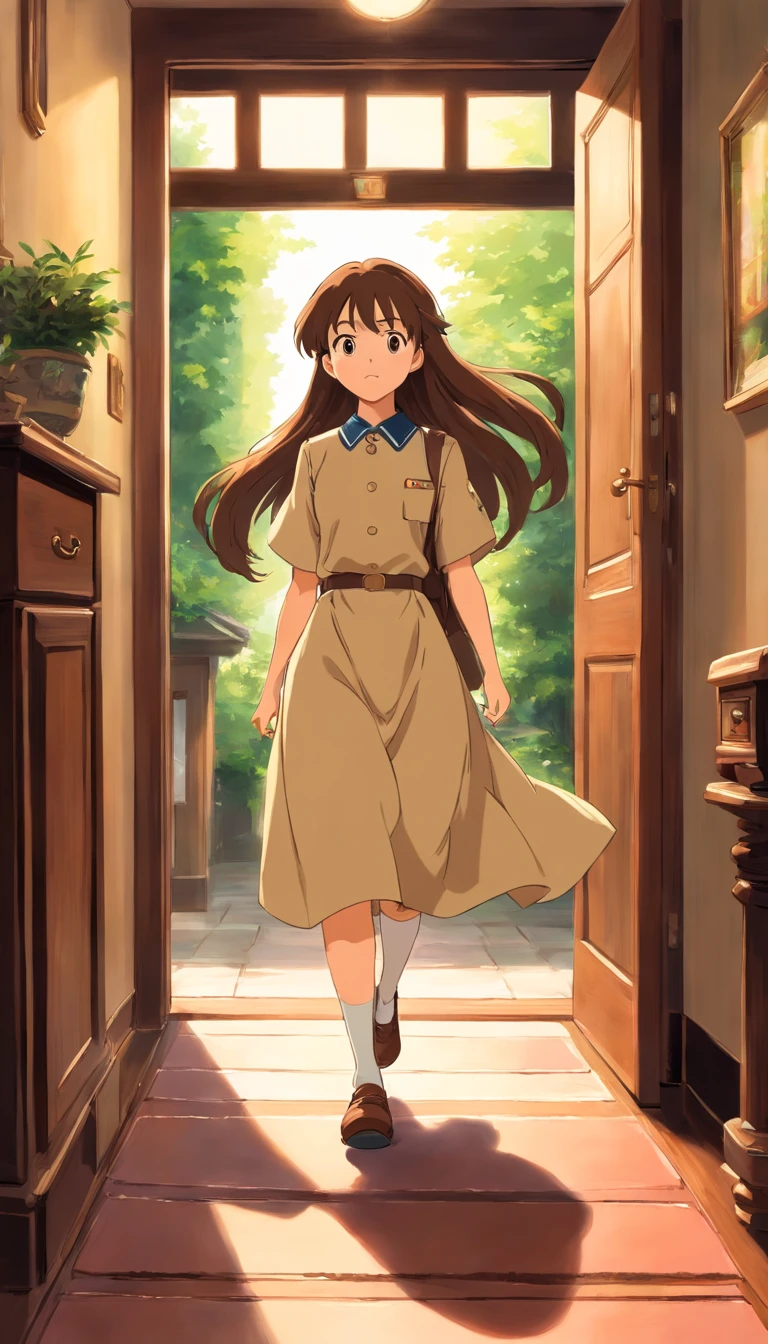 A girl with a long brown hair,wearing an unironed uniform,rusher to the dining area direct to the door of their house,ran fast.