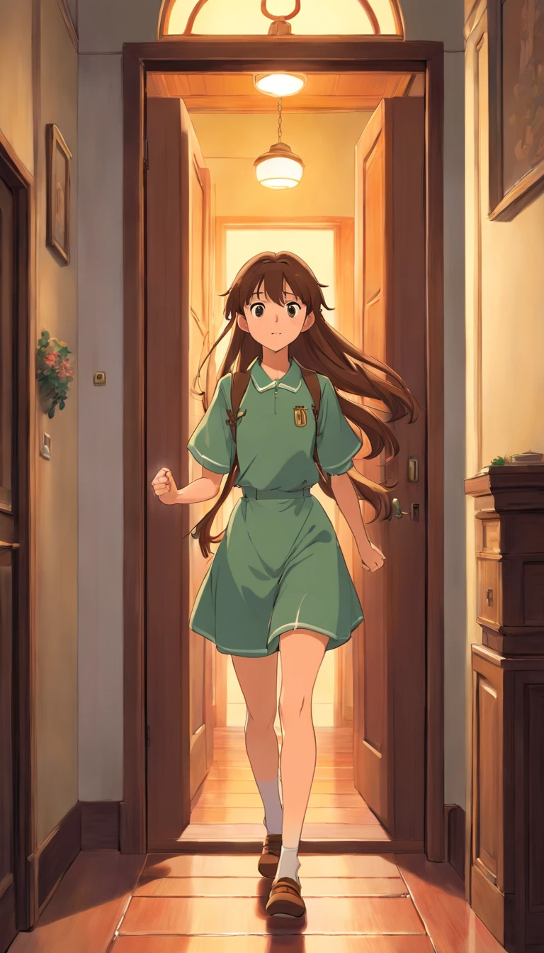 A girl with a long brown hair,wearing an unironed uniform,rusher to the dining area direct to the door of their house,ran fast.