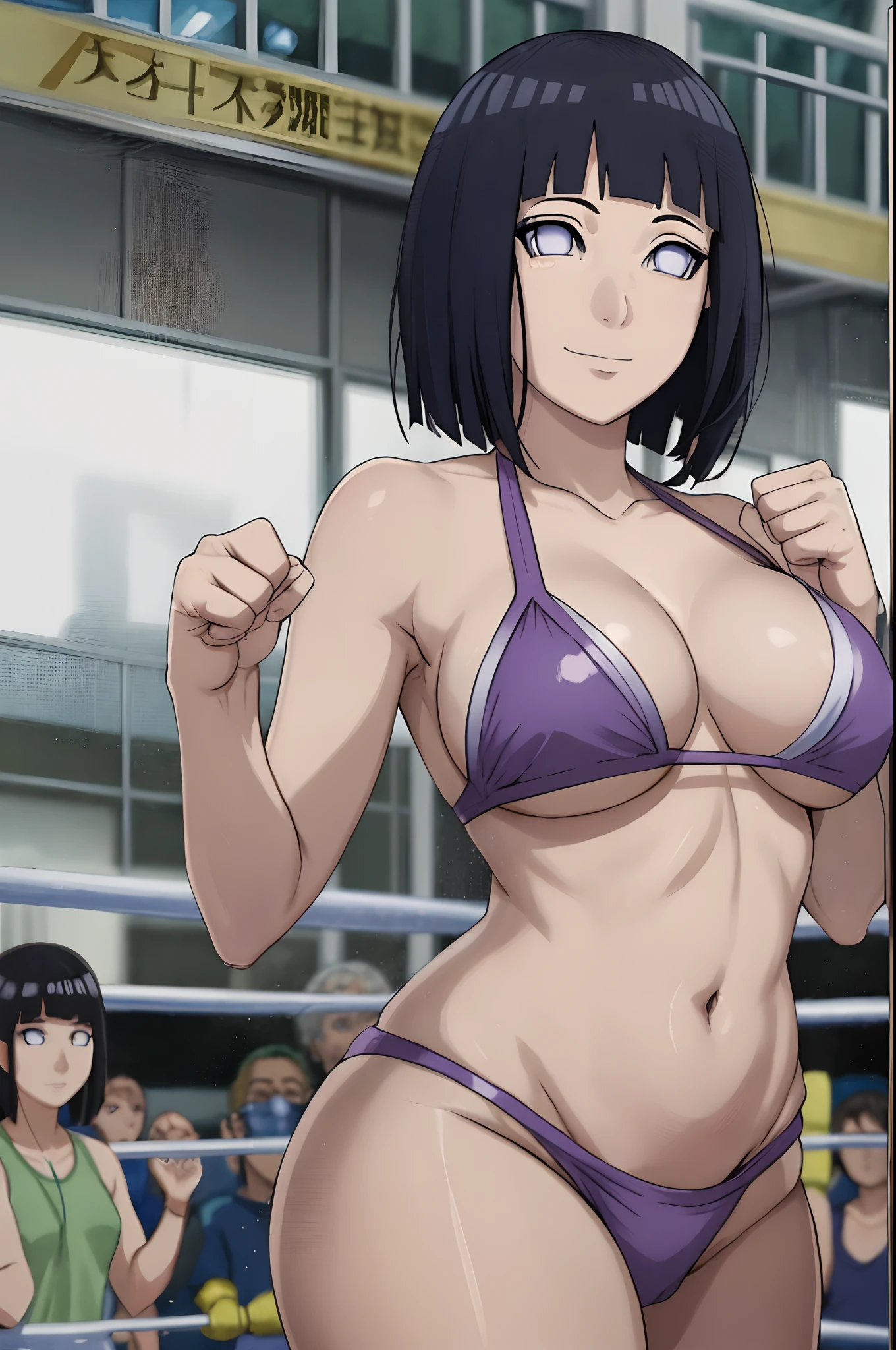 anime style, wrestling ground, (hinata\(boruto\), (female wrestler), (slender body), mature woman, milf, (bikini, pro wrestling gear) victorious, gorgeous, winner, kind face, smile, closed mouth, pale skin, shiny skin, (dark blue hair color:1.1), wavy hair, ((short hair, hime cut), big breasts, (only one arm stretching), long belly, closed fists, seductive, (perfect eyes, white sciera, bright eyes, white eyes, anime eyes, eyeshadow), (groin)