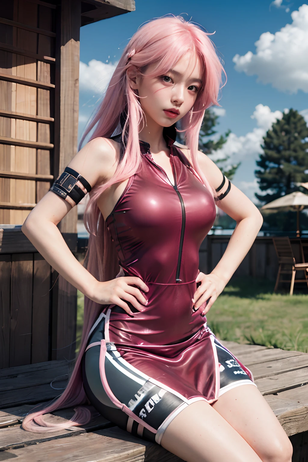 best quality, masterpiece, (photorealistic:1.4), 1girl, raw, ultra hd, dramatical light, glowing skin, long hair, pink hair color, big boobs,thin lips, thin face, asian, big eye, green eyes color