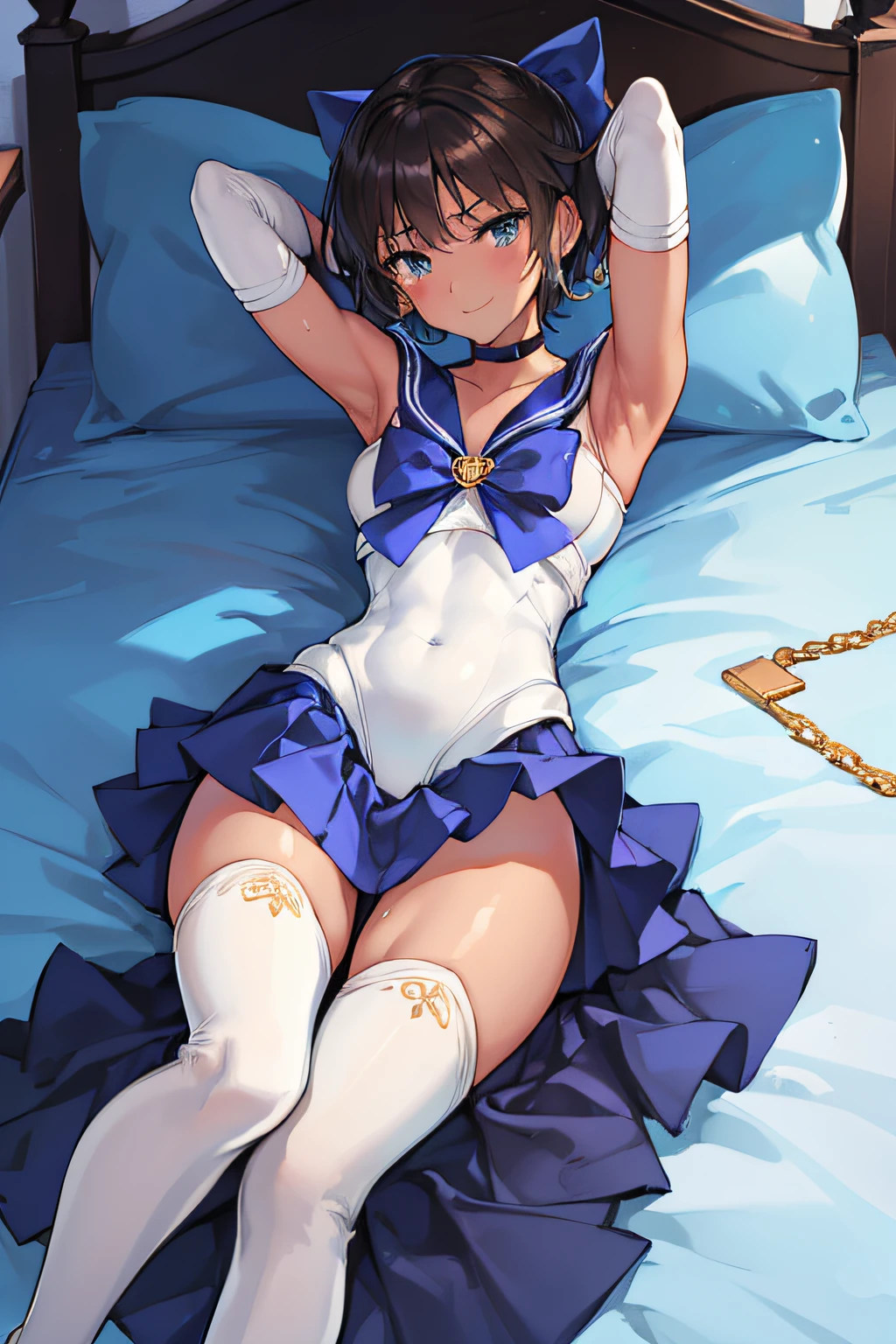 ​masterpiece, top-quality, hight resolution, 8K, Hi-Res, ultra-detailliert, 1girl in, (Anatomically correct), Full limbs, complete fingers, Slender 18 year old beautiful active girl, Brown-eyed, Slender eyes, A dark-haired, extra very short hair, (Black skin:1.2), (Sailor Moon: 1.3), (white  leotard),  (Blue sailor color), the bow, (Over-the-knee boots:1.1), a choker, (white glove), Blue choker, (elbowgloves), (a blue skirt), sole, (Lying in bed), A smile, High school students, Full body like, Bust 86, Waist 58, Hip 88, (full of sweat), (Put your hands behind your head, Show the armpits:1.28), (Tempered body, Toned body, Split abs:1.1), (Sexy Posing)