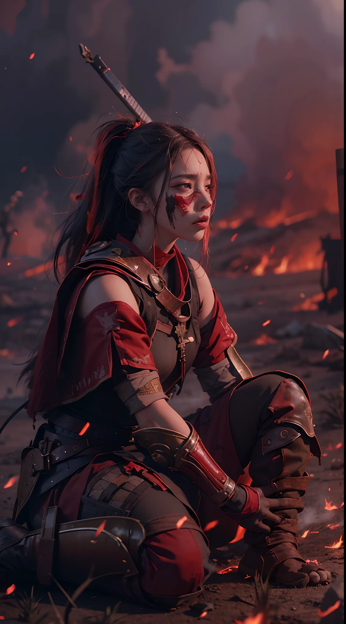 A female warrior sit on their knees along with the sadness on the face, war scene, fire smokes everywhere, dead bodies of warriors spread everywhere, smoke bombs, tears, red sad sky, background dark red, hopeless, cinematic art effects, 8K rendered by AMD FidelityFX Super Resolution 3.