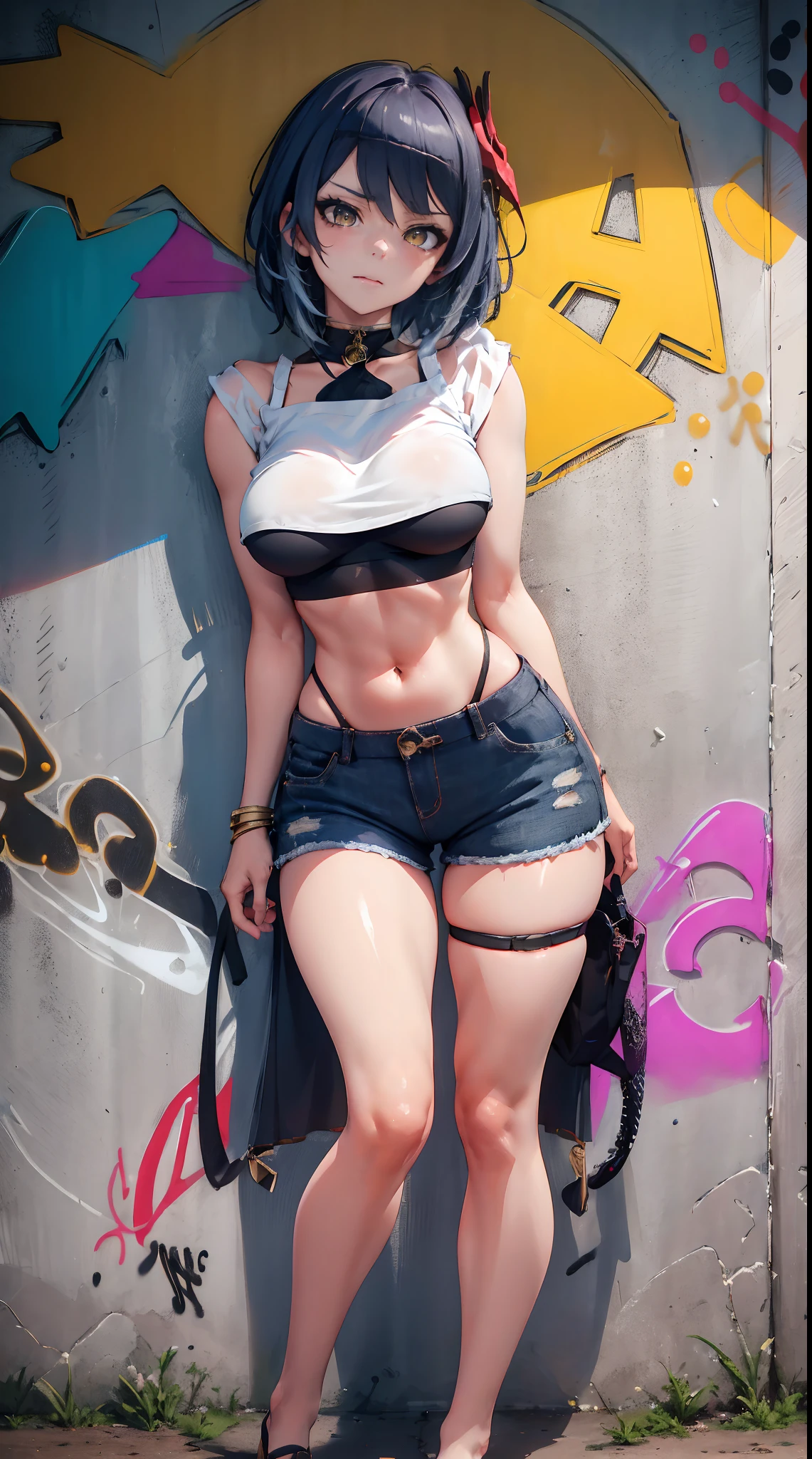Kujou Sara Genshin Effect, masterpiece, bestquality, 1girls, mediuml breasts, bara, crop top, shorts jeans, choker, (Graffiti:1.5), color splashes, arm behind back, against wall, looking at the audience, bracelet, Thigh strap, Paint on the body..........................................., Head tilt, bored, multicolored hair, water eyes, headset,