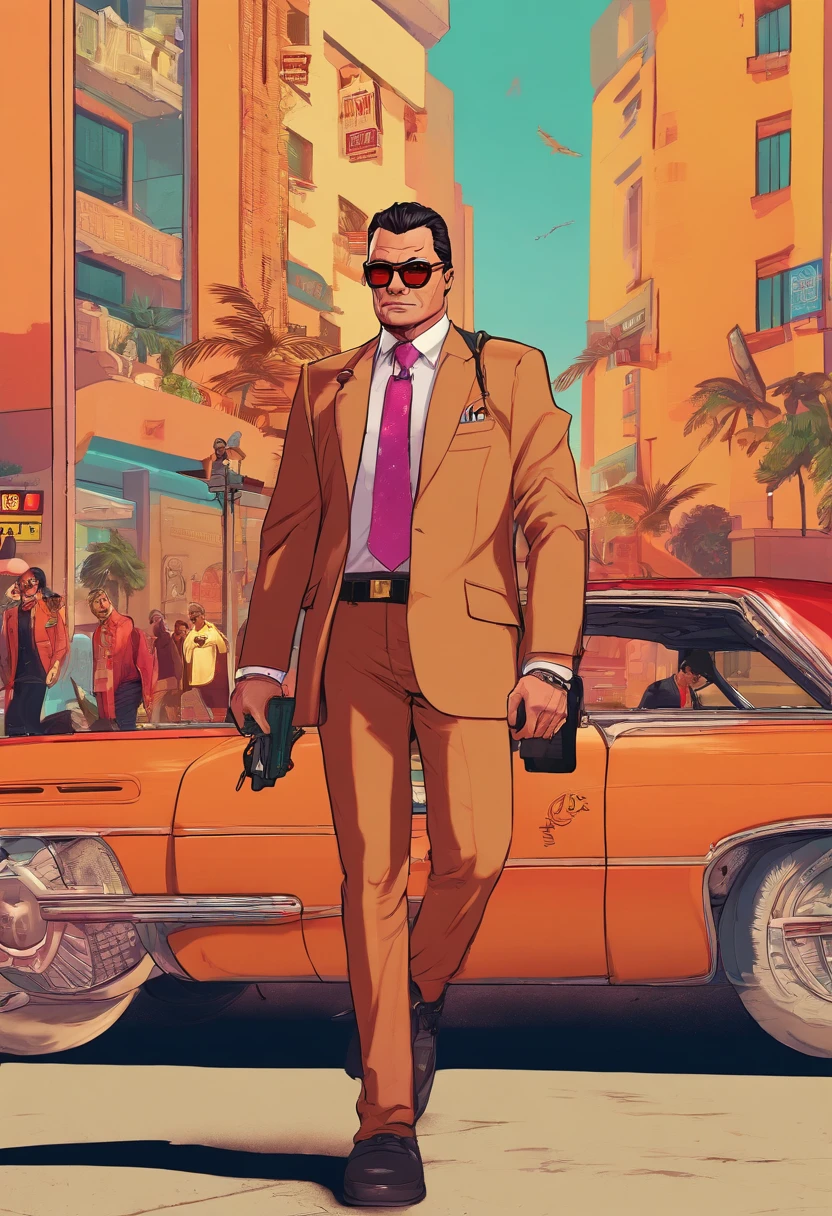 Masterpiece, Best Quality, suntanned skin, ember, Strict costume, tie, eyeglasses, looking a viewer, rich, leggins, walking through the town square, black shoes, Simple background with logo, From Bottom, Briefcase in hand,