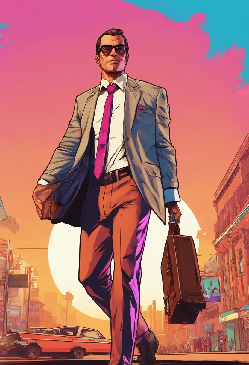 Masterpiece, Best Quality, suntanned skin, ember, Strict costume, tie, eyeglasses, looking a viewer, rich, leggins, walking through the town square, black shoes, Simple background with logo, From Bottom, Briefcase in hand,