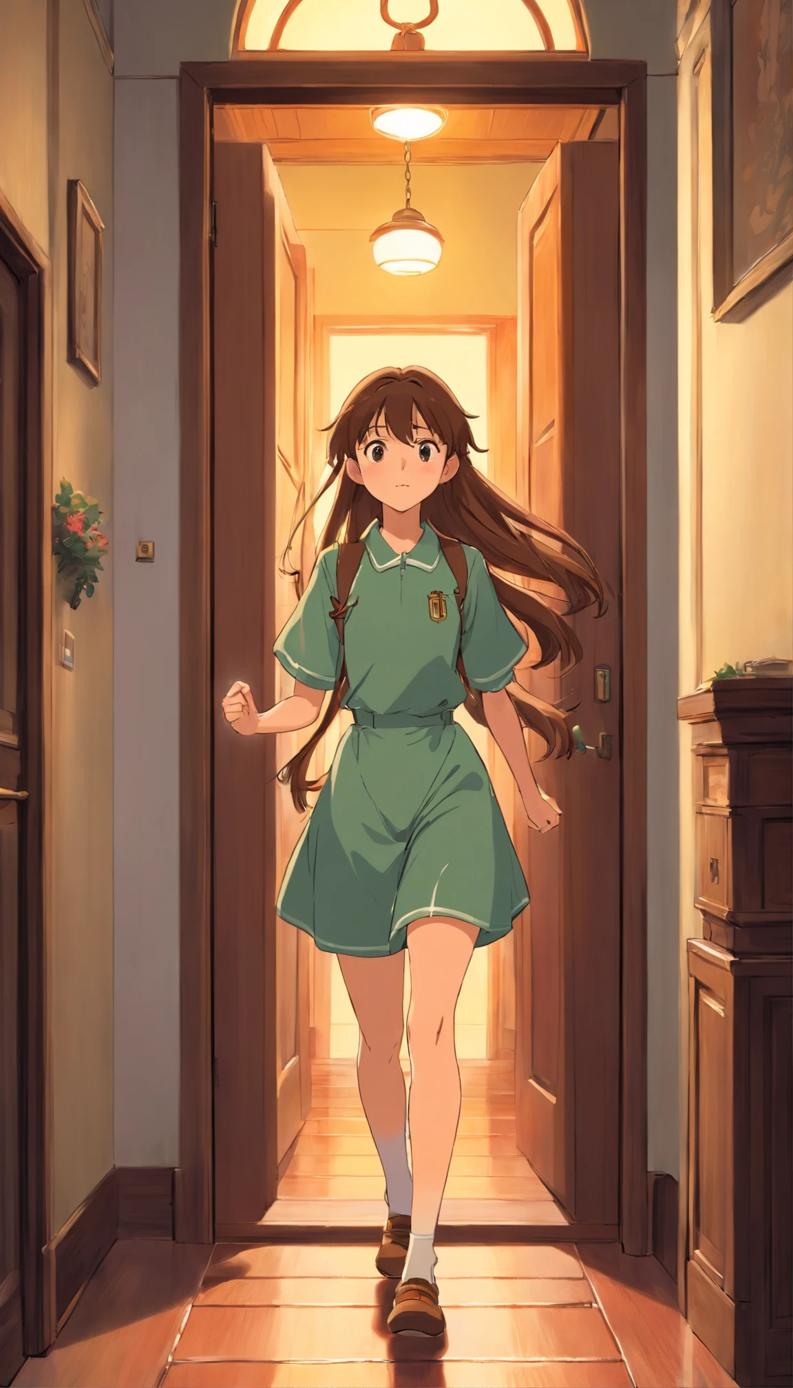 A girl with a long brown hair,wearing an unironed uniform,rusher to the dining area direct to the door of their house,ran fast.