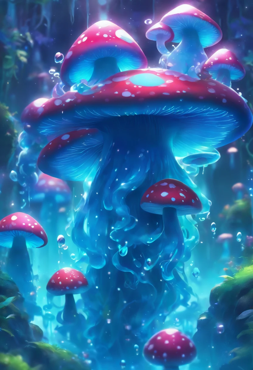 A whimsical illustration of a charming mushroom-inspired slime, blue_slime, masterpiece, fish, rhinestone, wm, b&m, vines, colored skin, realistic, highres, 3d-rendering, clear, fish swimming inside, skin_tone_slime_blue, gills, fins, web fingers, deep sea,