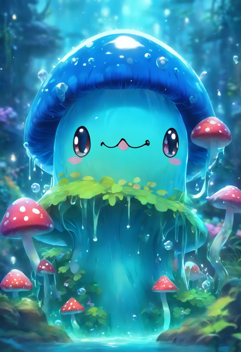 A whimsical illustration of a charming mushroom-inspired slime, blue_slime, masterpiece, fish, rhinestone, wm, b&m, vines, colored skin, realistic, highres, 3d-rendering, clear, fish swimming inside, skin_tone_slime_blue, gills, fins, web fingers, deep sea,
