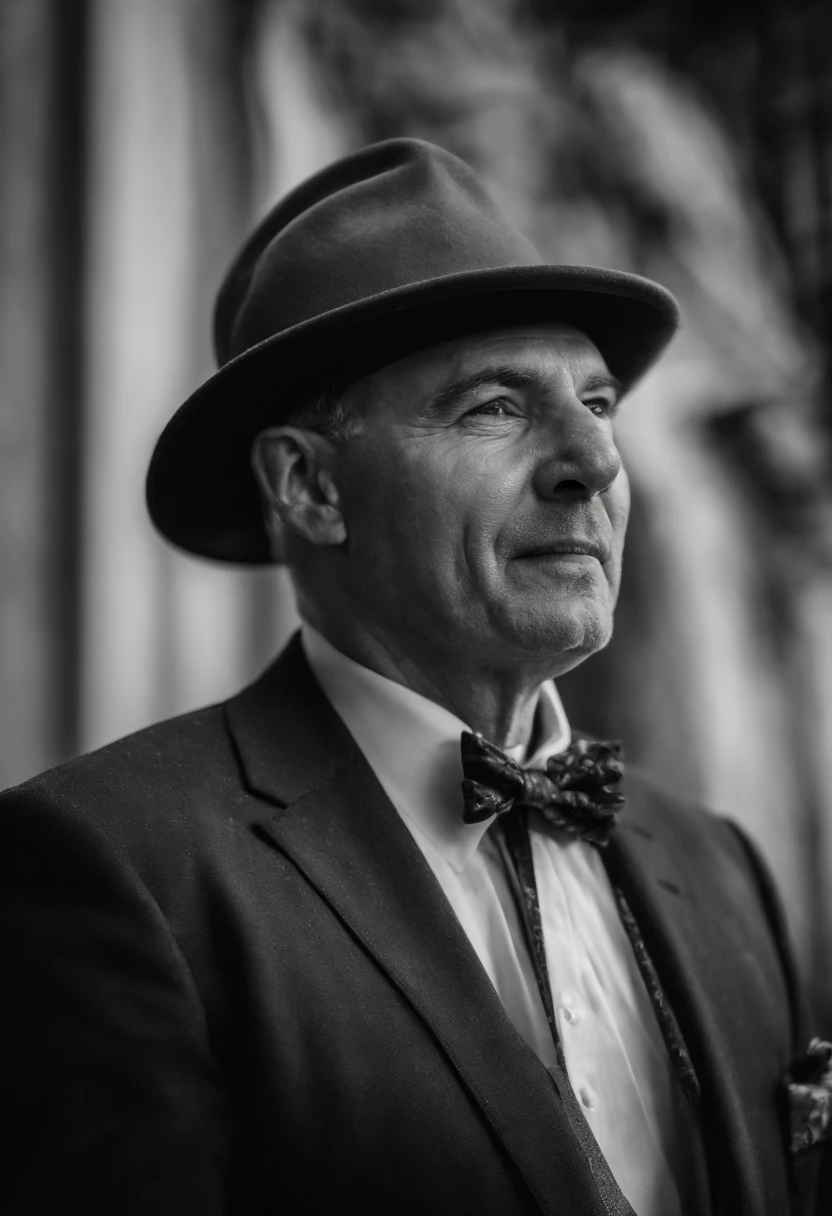 black andwhite，Man in a suit，Hat