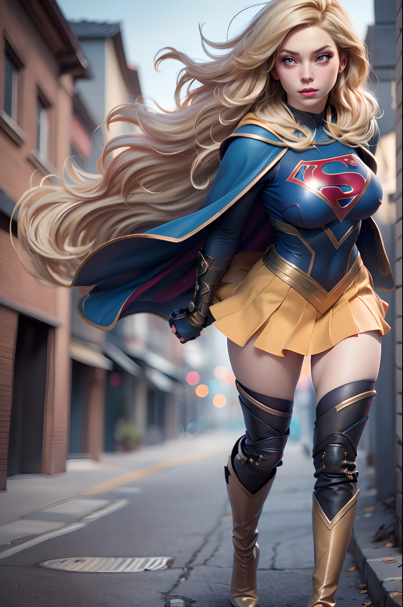 (8K, Best Quality, Photorealistic, masutepiece:1.2), super girl, Blue eyes, Blonde hair, Long hair, Cape, Superhero, Skirt, long boots, (Blonde girl:1.5), (Breast Focus:1.2), (Realistic:1.2), (Far View: 1.2), (Realism), (masutepiece:1.2), (Best Quality), (ultra-detailliert), (8K, 4K, Convoluted), (full body Esbian:1.5), (85 mm), light Particle, Lighting, (Highly detailed:1.2), (Detailed face:1.2), (gradients), SFW, Colorful, (Detailed eyes:1.2), (Detailed background), (Dynamic Angle:1.2), (Dynamic Pose:1.2), (rule of third_Composition:1.3), (Line of action:1.2), Wide Shot, Daylight, Solo.