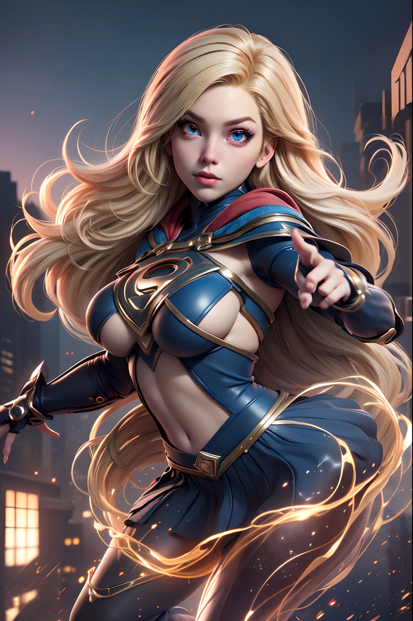 (8K, Best Quality, Photorealistic, masutepiece:1.2), super girl, Blue eyes, Blonde hair, Long hair, Cape, Superhero, Skirt, long boots, (Blonde girl:1.5), (Breast Focus:1.2), (Realistic:1.2), (Far View: 1.2), (Realism), (masutepiece:1.2), (Best Quality), (ultra-detailliert), (8K, 4K, Convoluted), (full body Esbian:1.5), (85 mm), light Particle, Lighting, (Highly detailed:1.2), (Detailed face:1.2), (gradients), SFW, Colorful, (Detailed eyes:1.2), (Detailed background), (Dynamic Angle:1.2), (Dynamic Pose:1.2), (rule of third_Composition:1.3), (Line of action:1.2), Wide Shot, Daylight, Solo.