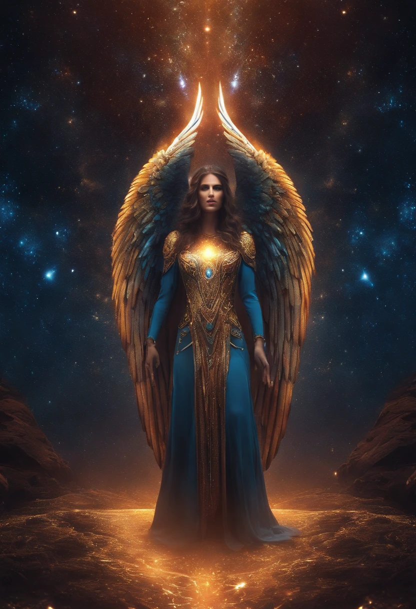 Cosmic fallen angel, Des yeux clairs brillants, Biomechanical, odd, flippant, cauchemardesque, Very bright colors, Light particles, with bright light, Mshiff, Art du papier peint, UHD wallpaper