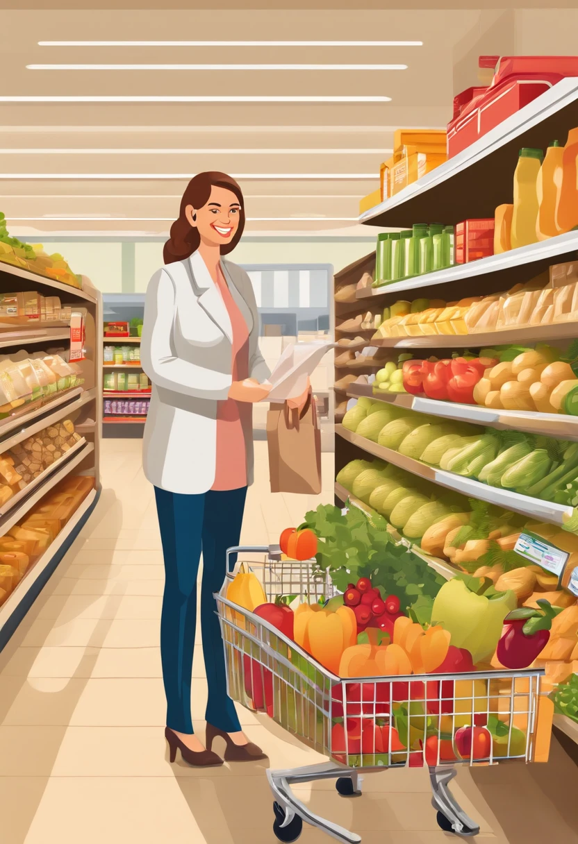 (best quality,4k,8k,highres,masterpiece:1.2), ultra-detailed, (realistic,photorealistic,photo-realistic:1.37), portraits, HDR, vibrant colors, soft lighting, a supermarket manager interacting with an elderly woman, detailed facial features, compassionate expressions, warm smiles, a well-lit supermarket aisle, shelves filled with various groceries and products, shopping carts with fresh produce, shopping bags with brand logos, the manager wearing a professional uniform, clean and tidy store environment, realistic textures on products and packaging, authentic store signage, lively atmosphere with people shopping, the woman holding a shopping list, the manager holding a tablet or clipboard, warm and inviting ambiance, the woman wearing casual clothing, the manager assisting the woman with her shopping needs, helpful gestures and body language, the woman walking with a cane, friendly customer service, the manager patiently listening to the woman's inquiries, positive interactions, a sense of community and care in the supermarket.