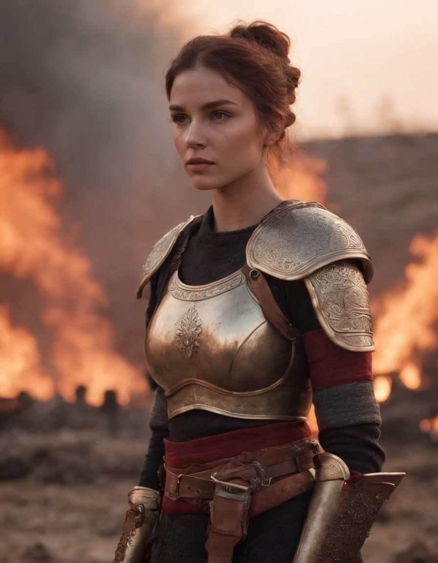 A female warrior sit on their knees along with the sadness on the face, war scene, fire smokes everywhere, dead bodies of warriors spread everywhere, smoke bombs, tears, red sad sky, background dark red, hopeless, cinematic art effects, 8K rendered by AMD FidelityFX Super Resolution 3.