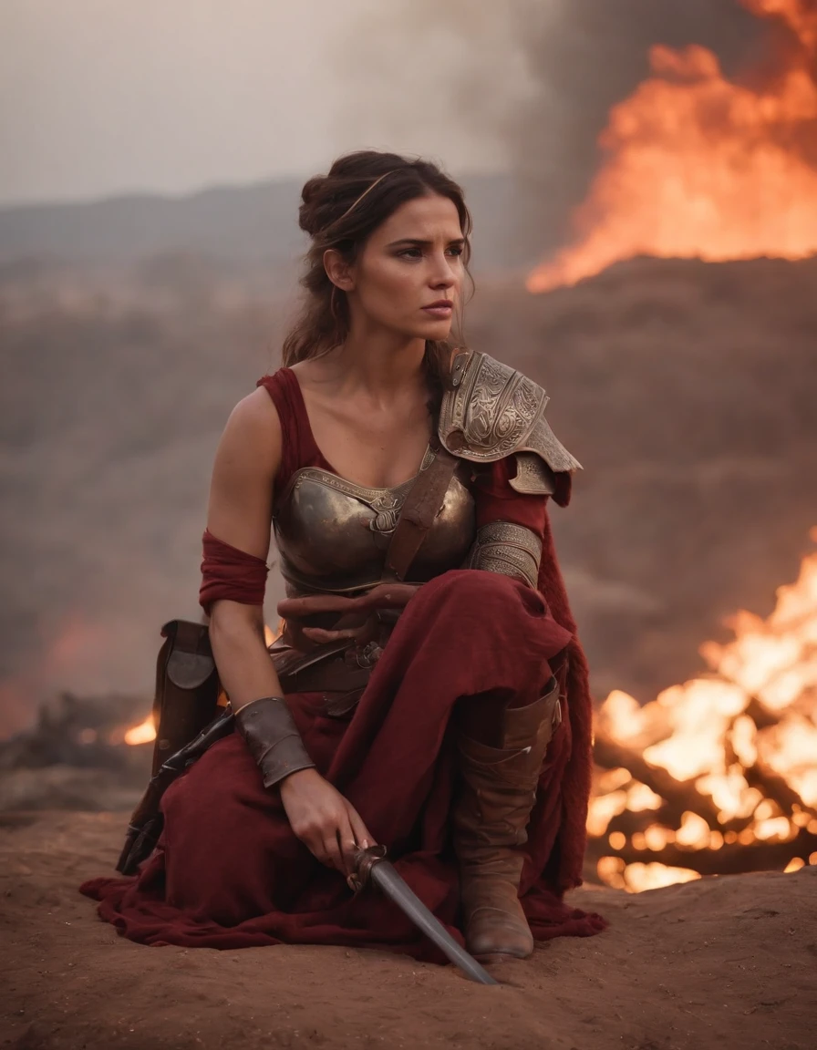 A female warrior sit on their knees along with the sadness on the face, war scene, fire smokes everywhere, dead bodies of warriors spread everywhere, smoke bombs, tears, red sad sky, background dark red, hopeless, cinematic art effects, 8K rendered by AMD FidelityFX Super Resolution 3.