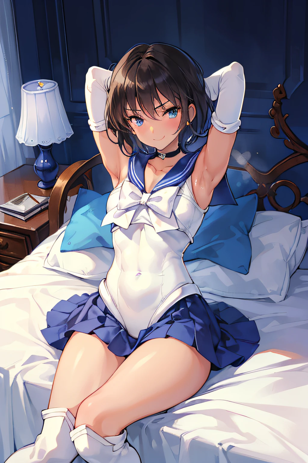 masterpiece, top-quality, hight resolution, 8K, Hi-Res, ultra-detailliert, 1girl in, (Anatomically correct), Full limbs, complete fingers, Slender 18 year old beautiful active girl, Brown-eyed, Slender eyes, A dark-haired, extra very short hair, (Black skin:1.2), (Sailor Moon: 1.3), (white leotard), (Blue sailor color), the bow, (Over-the-knee boots:1.1), a choker, (white glove), Blue choker, (elbowgloves), (a blue skirt), sole, (Lying in bed), A smile, High school students, Full body like, Bust 86, Waist 58, Hip 88, (full of sweat), (Put your hands behind your head, Show the armpits:1.28), (Tempered body, Toned body, Split abs:1.1), (Sexy Posing)
