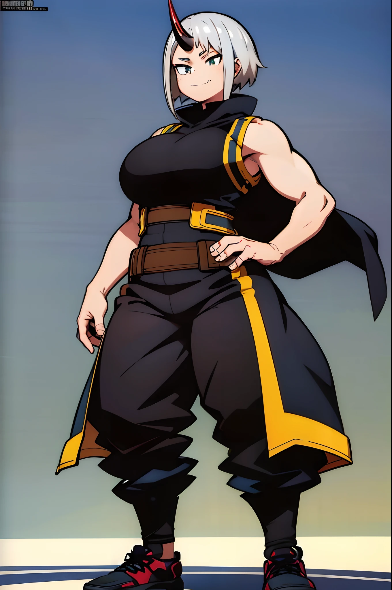 silver hair, single horn, big girl, robust, muscle girl, vest, pants, short hair, chubby face, solo focus, standing, black clothes,medium breast, tomboy, black coat full body, standing, sharpteeth smile