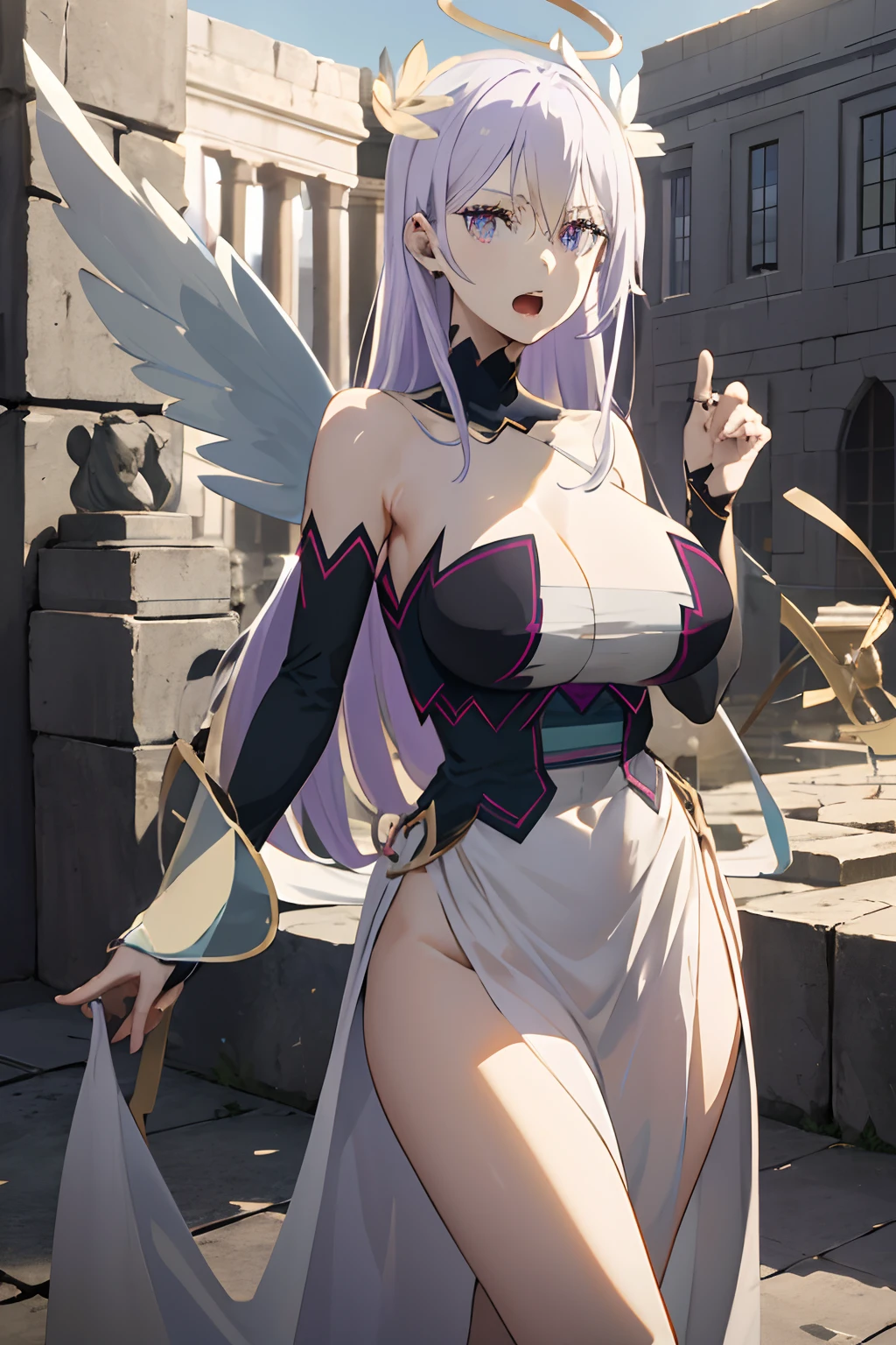 masterpiece, ((royal dressed)), ((angel wings on the back)), halo circle, (best quality), (solo), 1girl, reona, silver hair, purple hair , (long skirt), long hair, purple eyes, sexy woman, hair between eyes, hair ornament, vibrant colors , natural lighting, RTX, (huge tits), (detailed face:1.2), (perfect eyes:1.1) ,(photorealistic:1.1), 8k uhd, looking a viewer, outdoors, simple backround, standing pose, ((open legs), temple ruins, cleavage, detailed eyes, perfect finger, 5 finger, open mouth