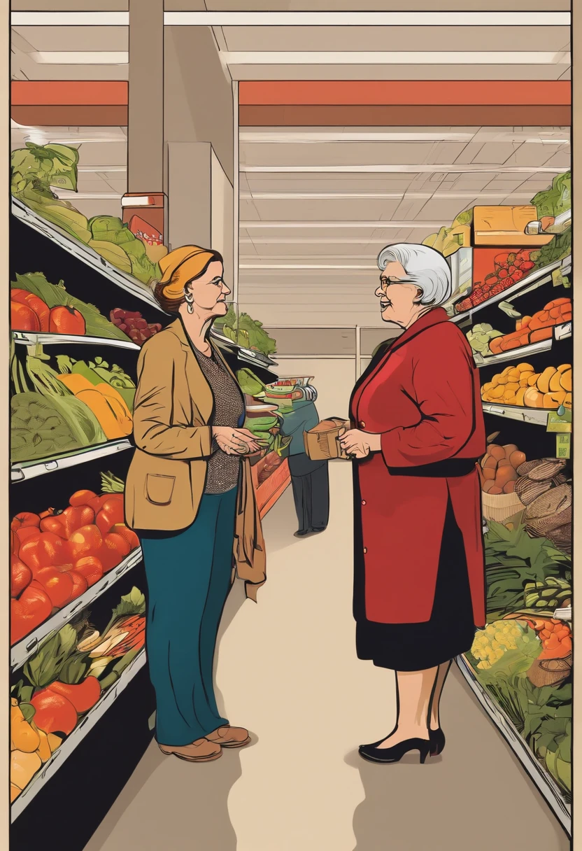 Supermarket manager talking to an old woman