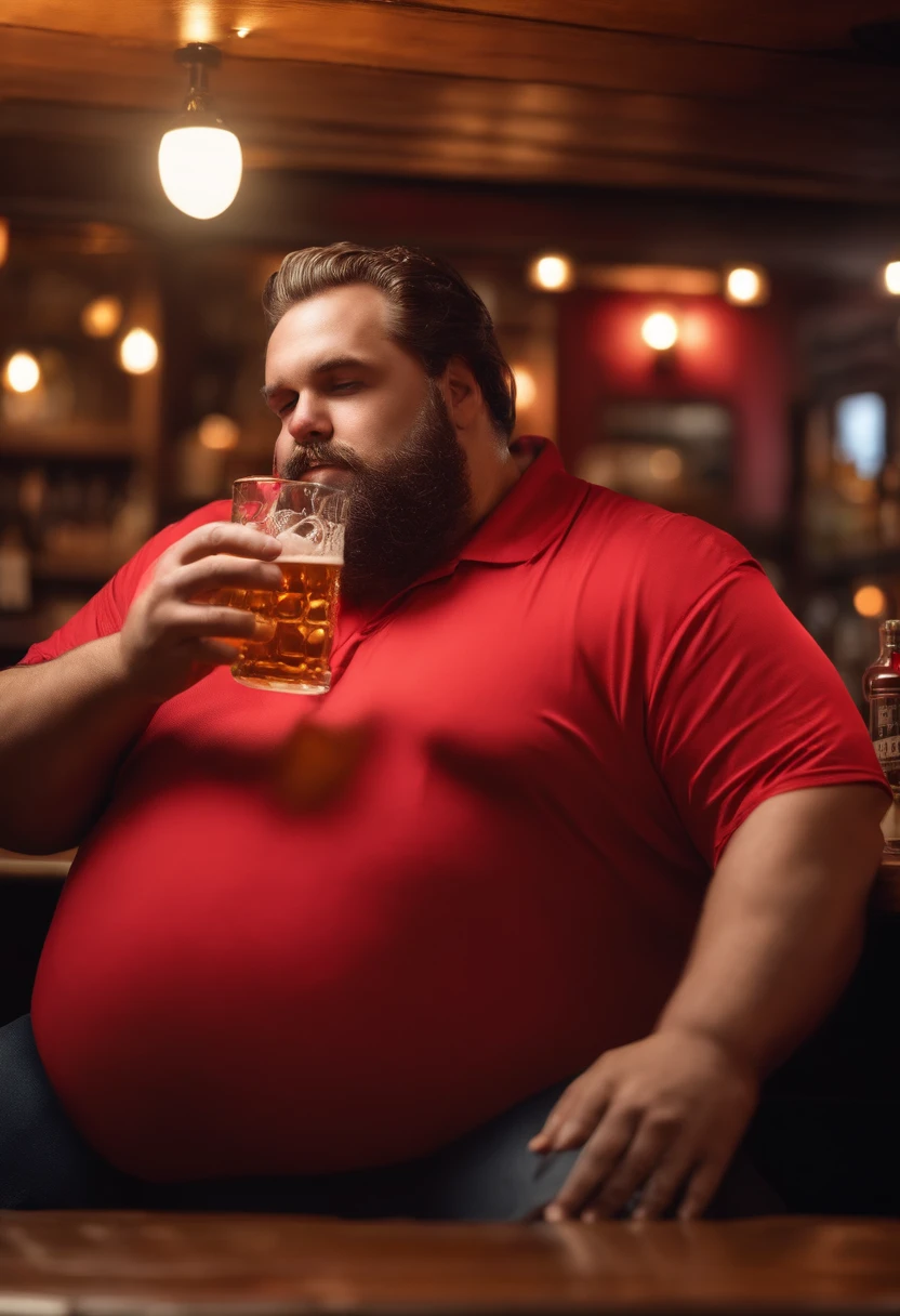 Make a man with obesity
This man must be wearing red clothing
He must be inside a bar
He's drinking beer
Ultra realistic photo, qualidade 8k, fullhd