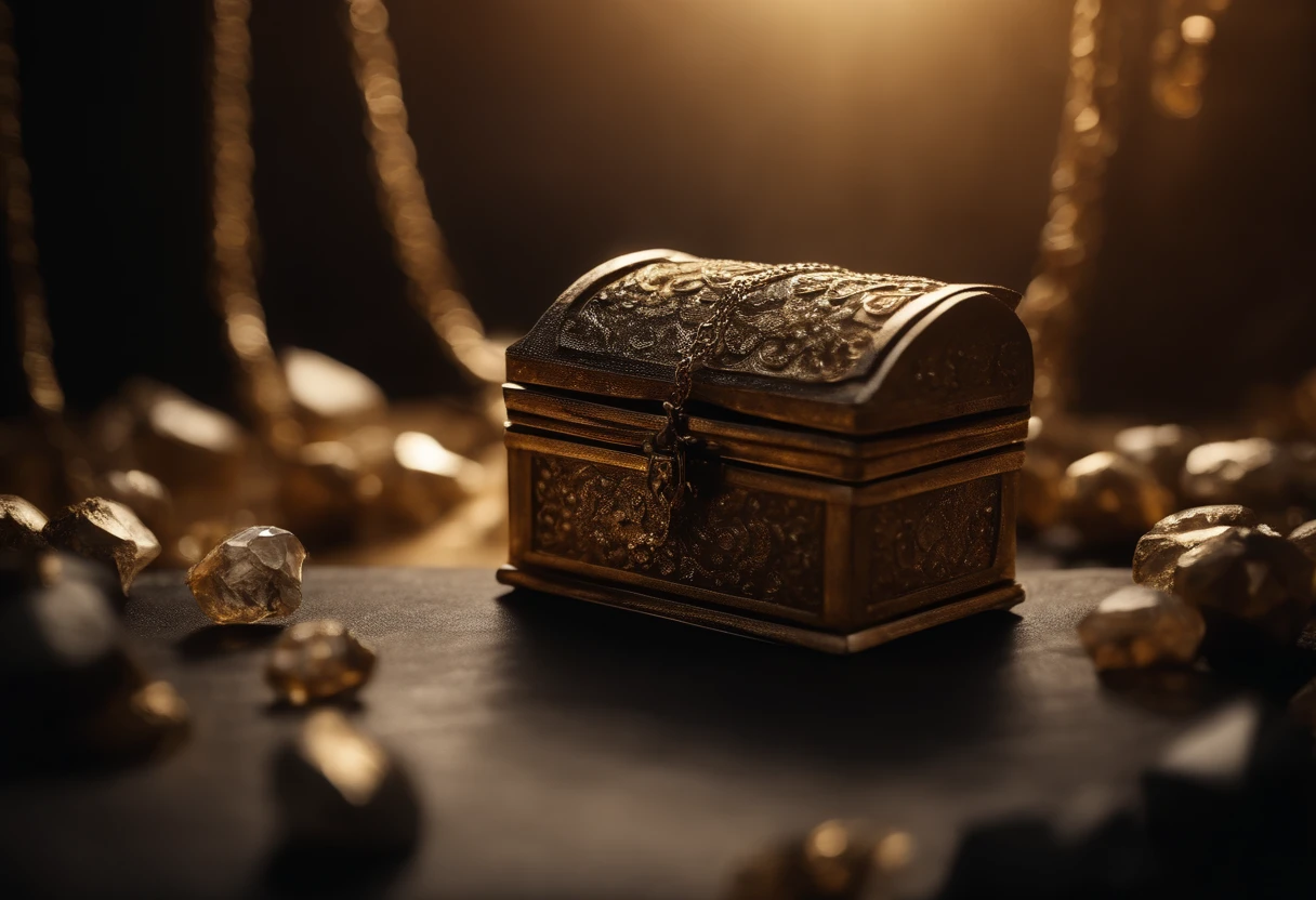 A dark cave with lots of gold., diamond, Diamond Necklace, Treasure chest