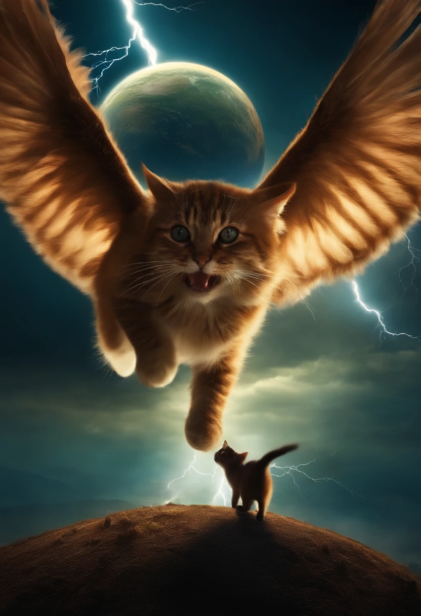 cat catching a planet. souris qui rigole. the earth at the bottom with violent lightning