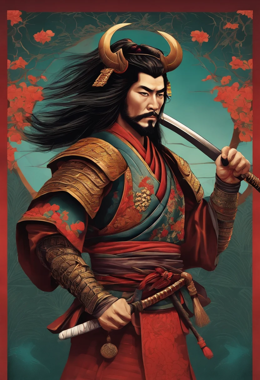 samurai escrevendo, retro cberpunk design