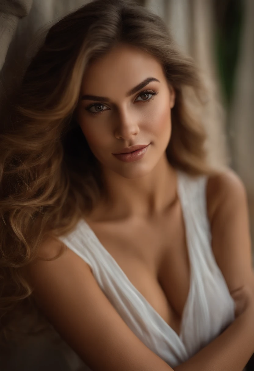 profesional, (Foto 4k:1.1) por (Jeremy Lipking:0.3), (Dittmann Anna:0.3), (Marca ariana:0.3), (foco nítido:1.3), High detail, Vistiendo (Camisa escotada:1.2), Hermosa cara detallada, Ojos color avellana, Long brown hair, (Mujer joven atractiva:1.3), (seductor:1.1), (ruboroso:1.1), Forma del cuerpo con curvas, pechos grandes y redondos grandes, caderas anchas de Thicc, Traje ajustado, Vestimenta ajustada, sonriendo seductoramente, cara bonita, Chica perfecta de pelo blanco, Pose satisfecha, Linda sonrisa seductora, hermosa chica rubia, buena joven, beautiful angle, Pose atractiva, girl, pose sexy, A beautiful chestnut, Imagen de cuerpo entero, cuerpo completo, full body shoot, con falda blanca y botas,