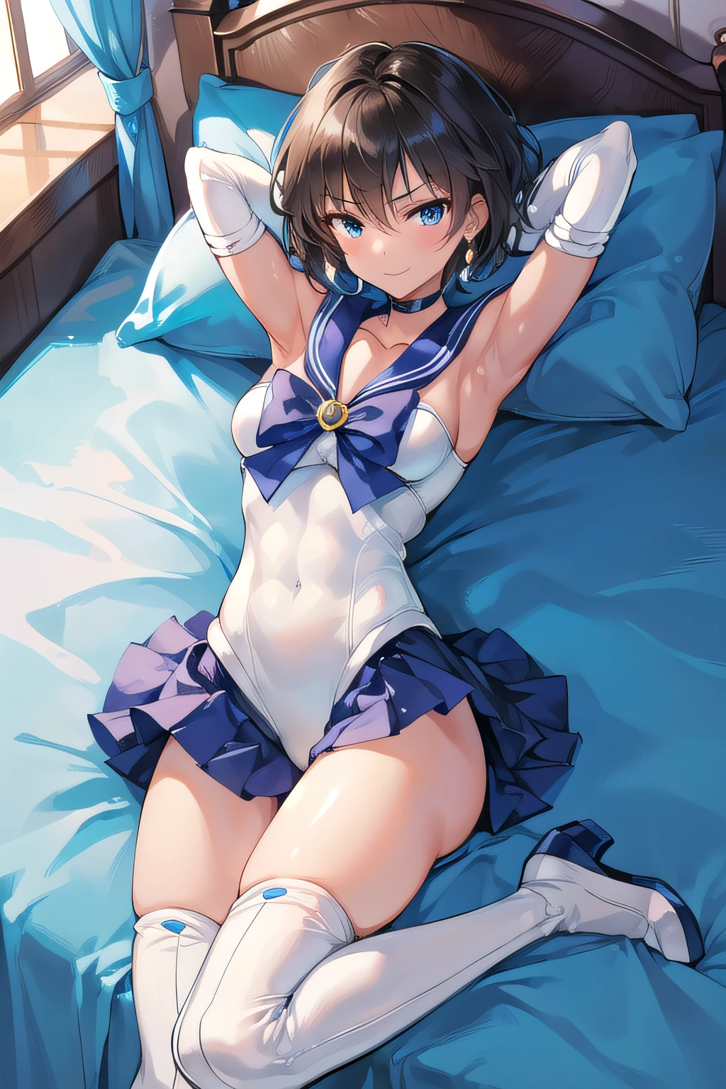 masterpiece, top-quality, hight resolution, 8K, Hi-Res, ultra-detailliert, 1girl in, (Anatomically correct), Full limbs, complete fingers, Slender 18 year old beautiful active girl, Brown-eyed, Slender eyes, A dark-haired, extra very short hair, (Black skin:1.2), (Sailor Moon: 1.3), (white leotard), (Blue sailor color), the bow, (Over-the-knee boots:1.1), a choker, (white glove), Blue choker, (elbowgloves), (a blue skirt), sole, (Lying in bed), A smile, High school students, Full body like, Bust 86, Waist 58, Hip 88, (full of sweat), (Put your hands behind your head, Show the armpits:1.28), (Tempered body, Toned body, Split abs:1.1), (Sexy Posing)
