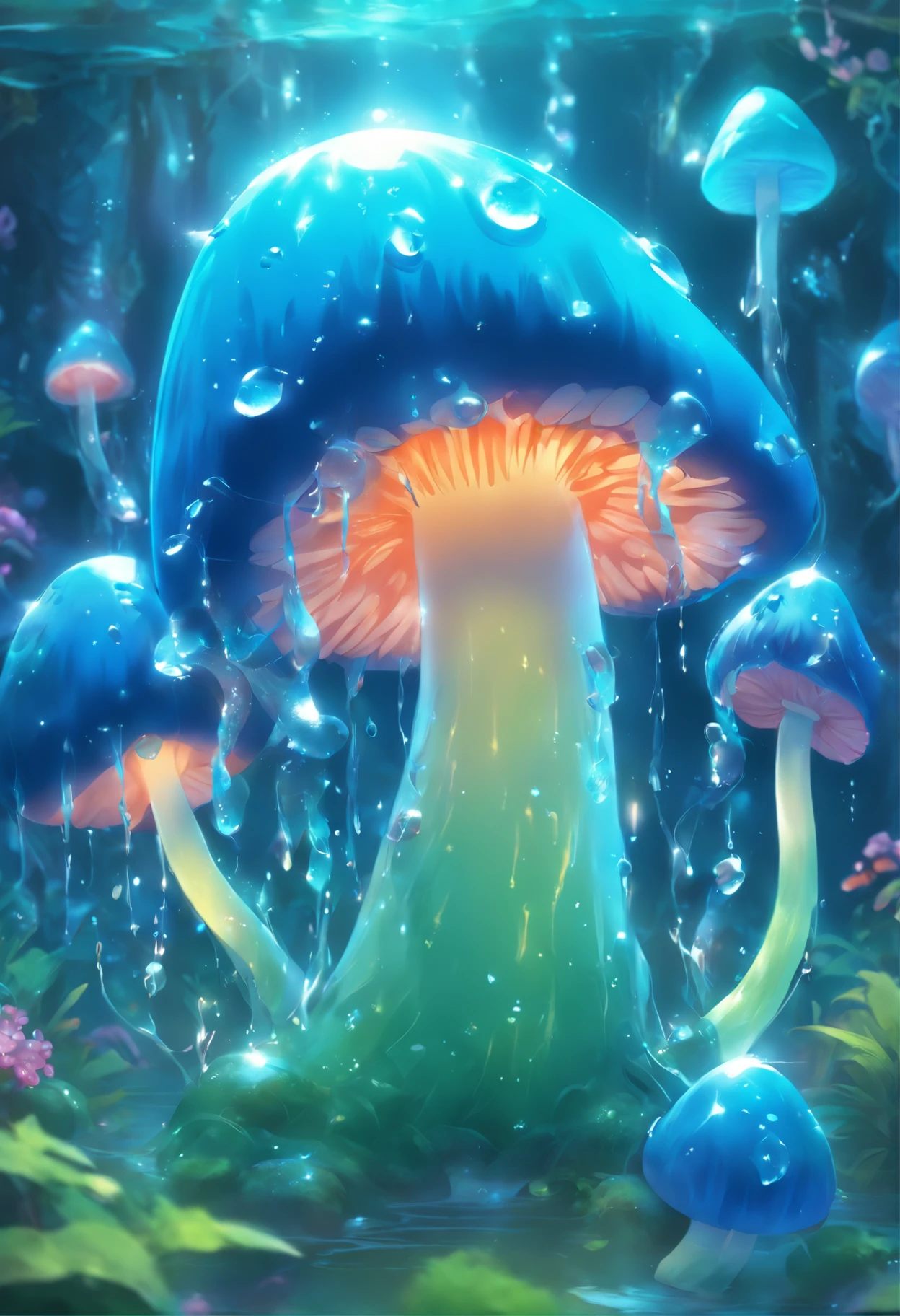 A whimsical illustration of a charming mushroom-inspired slime, blue_slime, masterpiece, fish, rhinestone, wm, b&m, vines, colored skin, realistic, highres, 3d-rendering, clear, fish swimming inside, skin_tone_slime_blue, gills, fins, web fingers, deep sea,