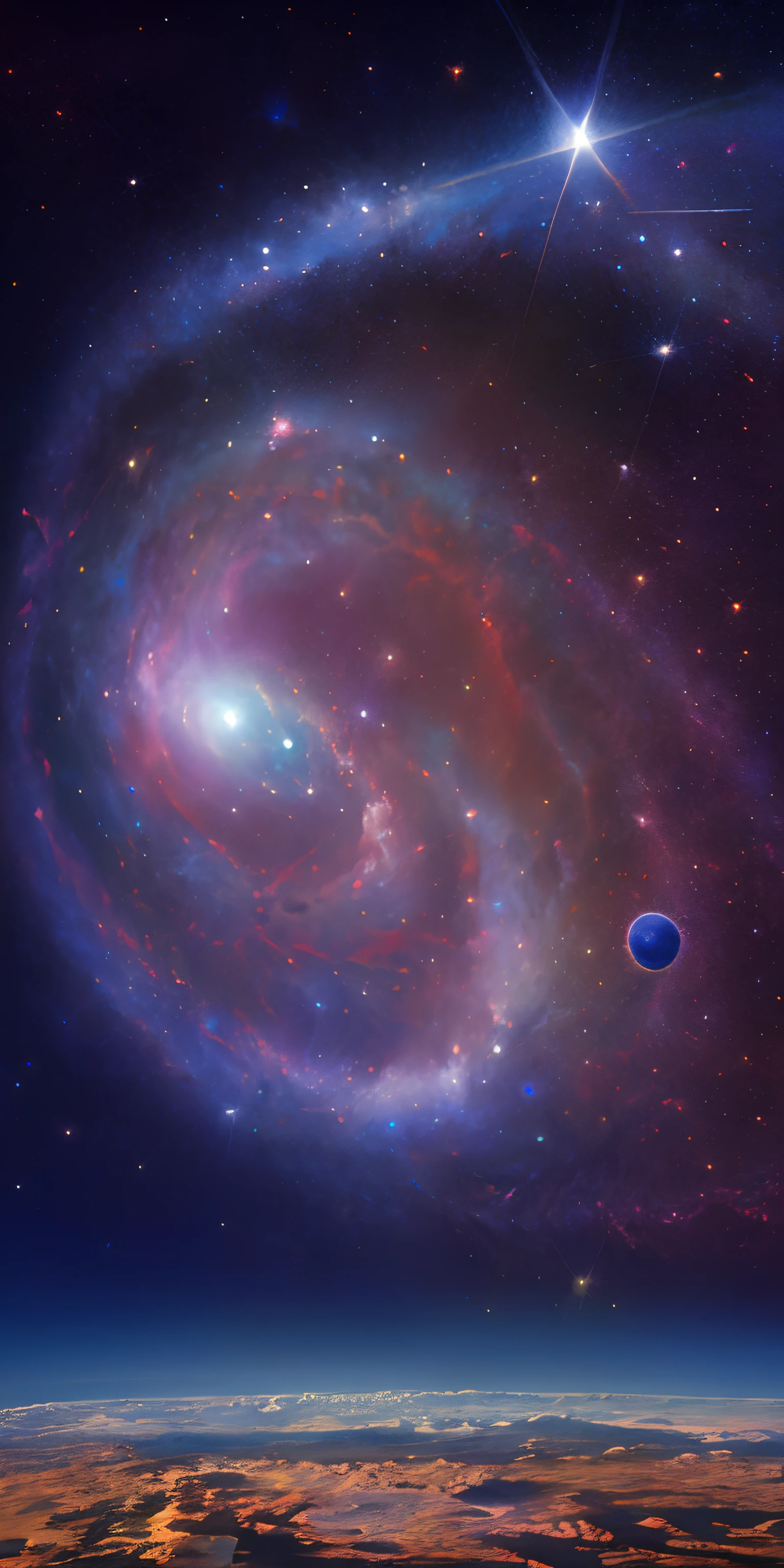 obra-prima, melhor qualidade, alta qualidade, papel de parede 8k extremamente detalhado da unidade CG, profundidade de campo, HDR, fotorrealista, extremamente detalhado, intrincado, alto detalhe, universo, outer space, galaxy, estrelas, planetas, astronomia, cosmos, celestial, nebulosa, buraco negro, astronauta, lua azul, pouco realista,